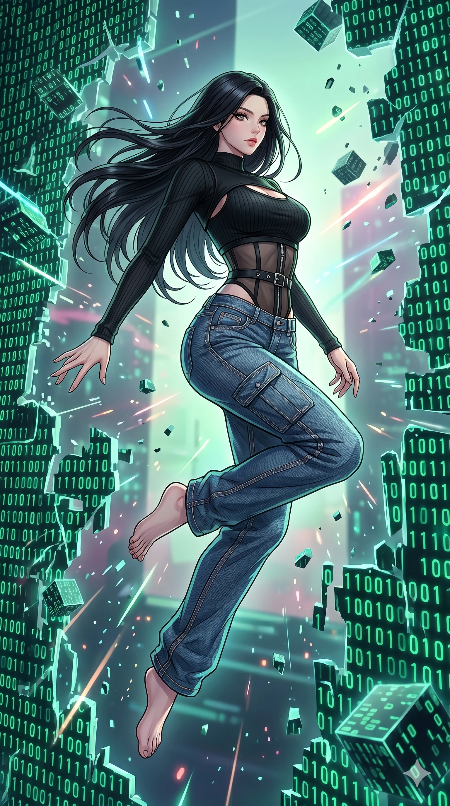 score_9, masterpiece, best quality, ultra-detailed, high-budget anime movie keyframe, cinematic anime lighting, intricate line art, Korean woman. Mid-air action shot capturing a graceful twist and vertical silhouette. escaping a digital prison by breaking through walls of binary. She has an absolutely perfect 8-heads proportion, an exceptionally tall and slender female figure with an ultra-slim waist and impossibly long slender legs. strictly human anatomy, two legs only, no extra limbs, clearly defined legs and arms, perfect anatomy, perfect hands and fingers. sharp v-shaped jawline, high-bridge nose, intricate jewel-like eyes, thick eyelashes, glossy lips. Wearing Urban Trendsetter: Ribbed bodycon dress, crop top with high-waist denim, and sheer corset with cargo pants. The scene is illuminated by dramatic atmospheric lighting and vibrant color palettes. , 2k, ultra detail, master piece, 9:16 ratio