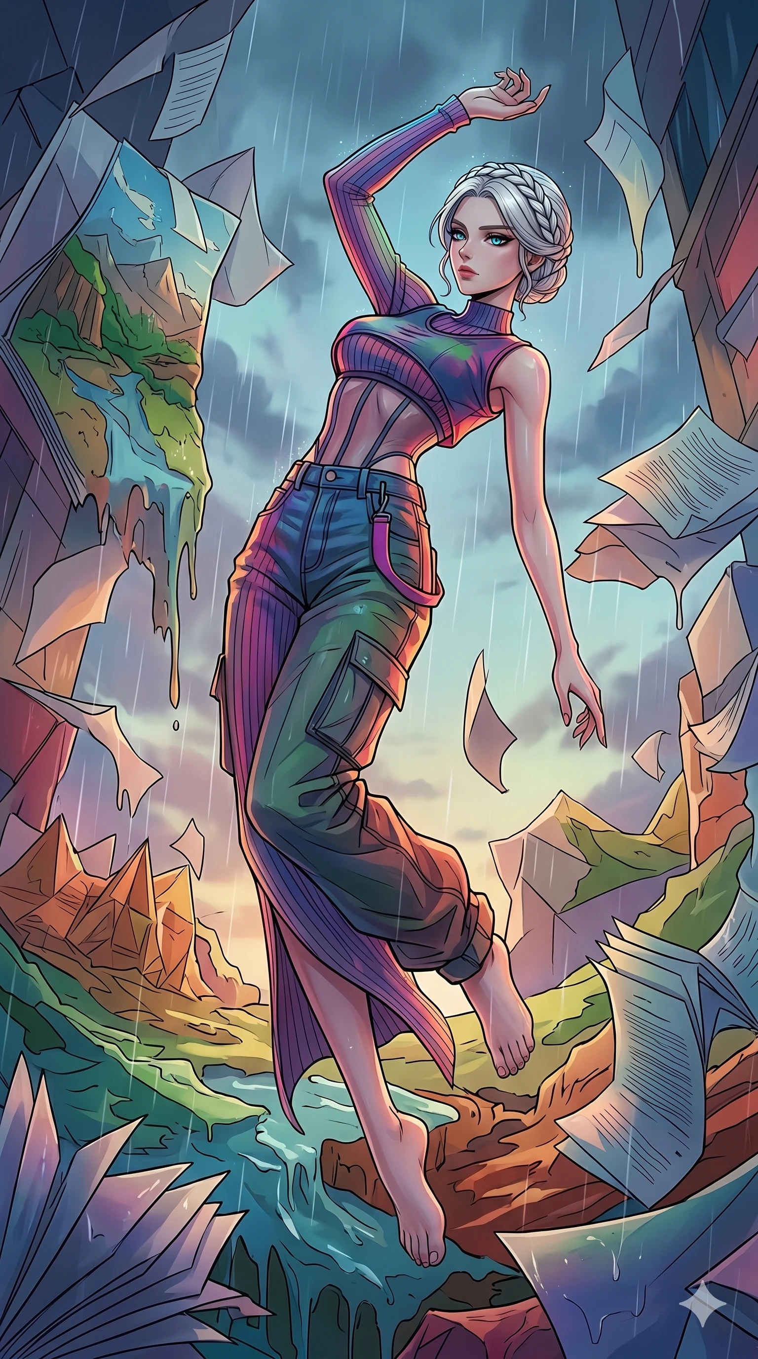 score_9, masterpiece, best quality, ultra-detailed, high-budget anime movie keyframe, cinematic anime lighting, intricate line art, Korean anime girl. Mid-air action shot capturing a graceful twist and vertical silhouette. collapsing in a world of folded paper as the rain starts to melt it. She has an absolutely perfect 8-heads proportion, an exceptionally tall and slender female figure with an ultra-slim waist and impossibly long slender legs. strictly human anatomy, two legs only, no extra limbs, clearly defined legs and arms, perfect anatomy, perfect hands and fingers. sharp v-shaped jawline, high-bridge nose, intricate jewel-like eyes, thick eyelashes, glossy lips. Wearing Urban Trendsetter: Ribbed bodycon dress, crop top with high-waist denim, and sheer corset with cargo pants. The scene is illuminated by dramatic atmospheric lighting and vibrant color palettes. , 2k, ultra detail, master piece, 9:16 ratio