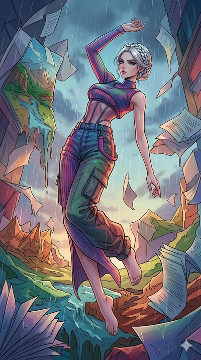 score_9, masterpiece, best quality, ultra-detailed, high-budget anime movie keyframe, cinematic anime lighting, intricate line art, Korean anime girl. Mid-air action shot capturing a graceful twist and vertical silhouette. collapsing in a world of fo