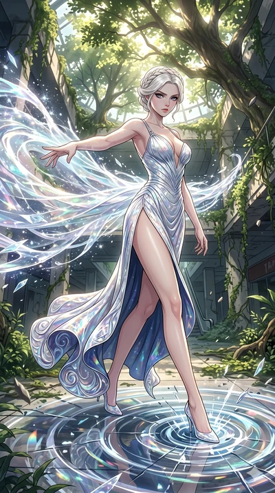 score_9, masterpiece, best quality, ultra-detailed, Set A: High-budget Anime Keyframe, Caucasian (human ears) woman. Low angle cowboy shot filling the entire 9:16 frame with her statuesque presence. Theme: Ethereal Dream. unleashing a massive energy 
