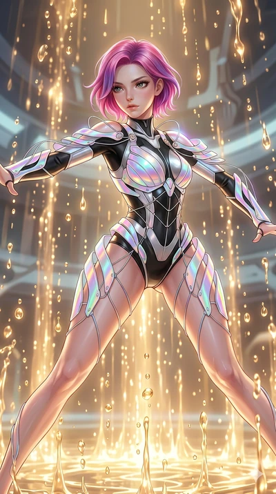 score_9, masterpiece, best quality, ultra-detailed, high-budget anime keyframe, Caucasian woman, strictly human ears. upper body close-up from the thighs up, character filling the screen for maximum presence. dodging ethereal liquid gold rain that ri