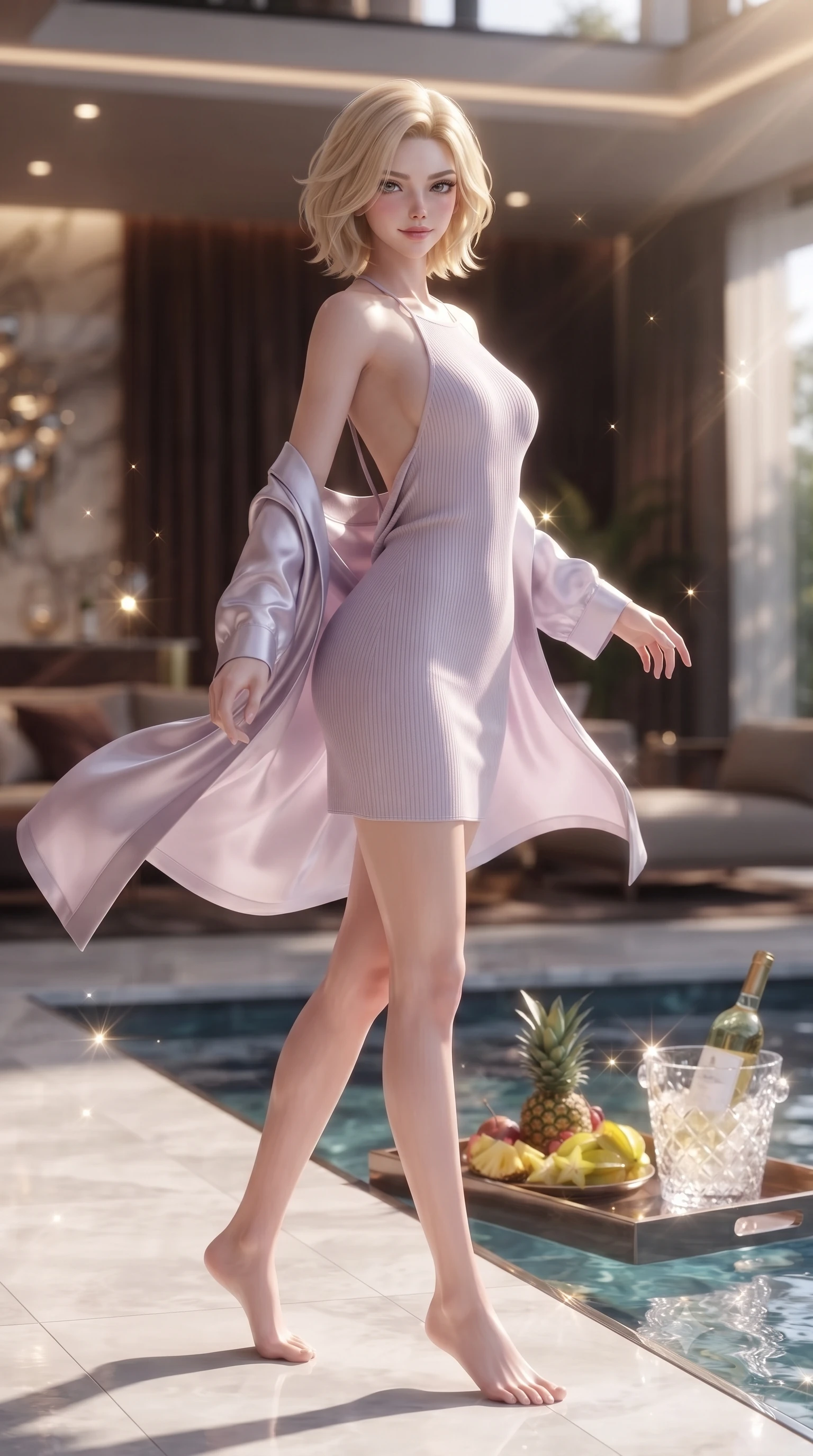 score_9, masterpiece, best quality, ultra-detailed, high-budget anime keyframe, editorial fashion photography, tasteful artistic composition, Caucasian woman. low angle full-body shot from head to toe showing her feet, filling the entire 9:16 vertical frame with her statuesque presence, stretching her vertical silhouette. twirling slowly with a sensual half-smile, letting her silky robe billow gently to reveal her elegant leg line set against a soft-focus background of inside an exclusive cocktail lounge with a floating pool tray of tropical fruits and chilled wine in soft focus. She has an absolutely perfect, statuesque 8.5-heads proportion, an exceptionally tall and slender model-like female figure with impossibly long slender legs and an ultra-slim waist. sharp v-shaped jawline, high-bridge nose, intricate jewel-like eyes with depth, thick eyelashes, glossy lips with a natural sheen. wearing tailored pale lavender ribbed cashmere backless linen halter dress featuring delicate straps and a draped open-back design featuring refined tailored seams. lit by crisp morning sun rays creating sparkling glints on polished glass and water. ultra-reflective glossy finish, specular highlights, metallic sheen, high-contrast stereoscopic depth, volumetric dynamic lighting, 2k, ultra detail, master piece, 9:16 ratio