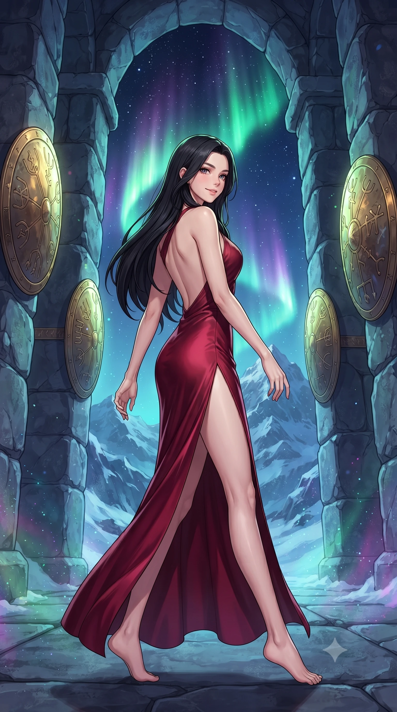 score_9, masterpiece, best quality, ultra-detailed, high-budget anime keyframe, editorial fashion photography, tasteful artistic composition, gorgeous anime illustration, with clean line-art, distinct ink outlines, and high-contrast stereoscopic depth, Korean woman. low angle full-body shot from head to toe showing her feet, filling the entire 9:16 vertical frame with her statuesque presence, stretching her vertical silhouette. navigating with fluid, playful motion through in a monumental Nordic stone feast hall with giant floating golden shields along the walls, looking out of giant stone arches onto a majestic snow-covered mountain range. She has a statuesque 8.5-heads proportion, an exceptionally tall, slender and willowy model-like build with impossibly long legs and a highly sculpted ultra-slim waist. sharp v-shaped jawline, high-bridge nose, intricate jewel-like eyes with depth, thick eyelashes, glossy lips with a natural sheen. wearing a high-slit evening gown in deep crimson silk, featuring an asymmetric one-shoulder design and a bare back. intense shimmering green and violet aurora light shining from the night sky, casting a dramatic magical glow through the arches. 2k, ultra detail, master piece, 9:16 ratio, highly saturated vibrant anime colors, detailed cel-shading with soft gradients, rich glossy textures, deep contrast, volumetric dynamic lighting, 2d animation style