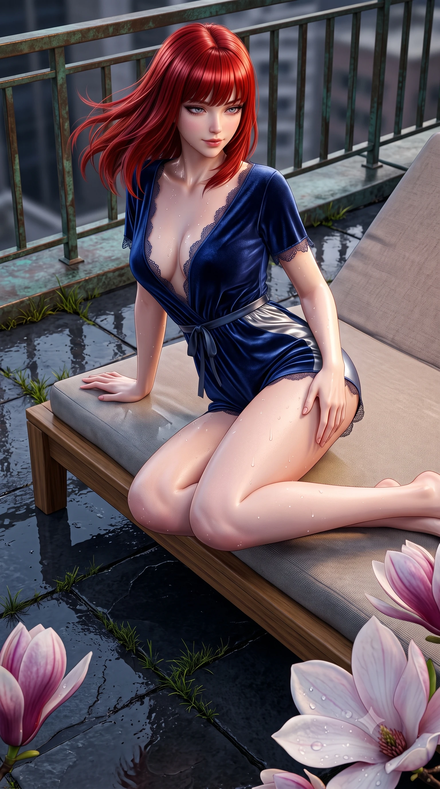 score_9, masterpiece, best quality, ultra-detailed, high-budget anime keyframe, semi-realistic 3D game render, editorial fashion photography, tasteful artistic composition, Caucasian woman. close-up cowboy shot from the waist and thighs up, the character dominates the composition, filling the frame with her large presence. turning slowly with an enchanting smoldering smile, her glossy hair tossing in the breeze as her hips angle gracefully in a captivating contrapposto while lounging across the low teak daybed propped on one hand, her long slender legs and flat midriff radiating effortless metropolitan siren elegance. The surrounding environment is rendered in vivid detail and crisp panoramic clarity: sharp magnolia flower petal veins, weathered bronze railing patina, and dark slate paver joints in deep focus. She has an exceptionally elegant, slender, and willowy female figure with an ultra-slim waist, flat toned midriff, narrow ribcage, and sculpted feminine hips creating an alluring, slim hourglass silhouette without bulk. sharp v-shaped jawline, high-bridge nose, sparkling eyes with hypnotic seductive depth, thick curled eyelashes, glossy parted lips with a natural dewy peach sheen, alluring bedroom-eyes with an enchanting coquettish smile, exuding magnetic siren charisma and sophisticated glamour, flawlessly proportioned anatomical accuracy, strict slender model proportions, natural body alignment, perfectly sculpted long slender limbs, ultra-slim waistline, clean dynamic posture without body distortion. wearing a plunge-neck stretch velvet romper with scalloped eyelash-lace hems and a cinched waist ribbon in deep sapphire navy and molten silver, crafted from fluid liquid silk satin that clings smoothly to every curve with a dewy sheen, finished with glistening drops of lagoon or spa water beading across her sculpted shoulders and collarbones, the high-slit wrap tailoring accentuating her ultra-slim waistline and the enchanting curve of her feminine hips with alluring seductive charm. illuminated by slate deck reflection bounce and sharp platinum-gold rim lights defining her delicate clavicles, ultra-slim waist, and curvy hips. highly saturated vibrant anime colors, detailed shading with soft gradients, rich glossy textures, high-contrast stereoscopic depth, volumetric dynamic lighting, master piece, 9:16 ratio