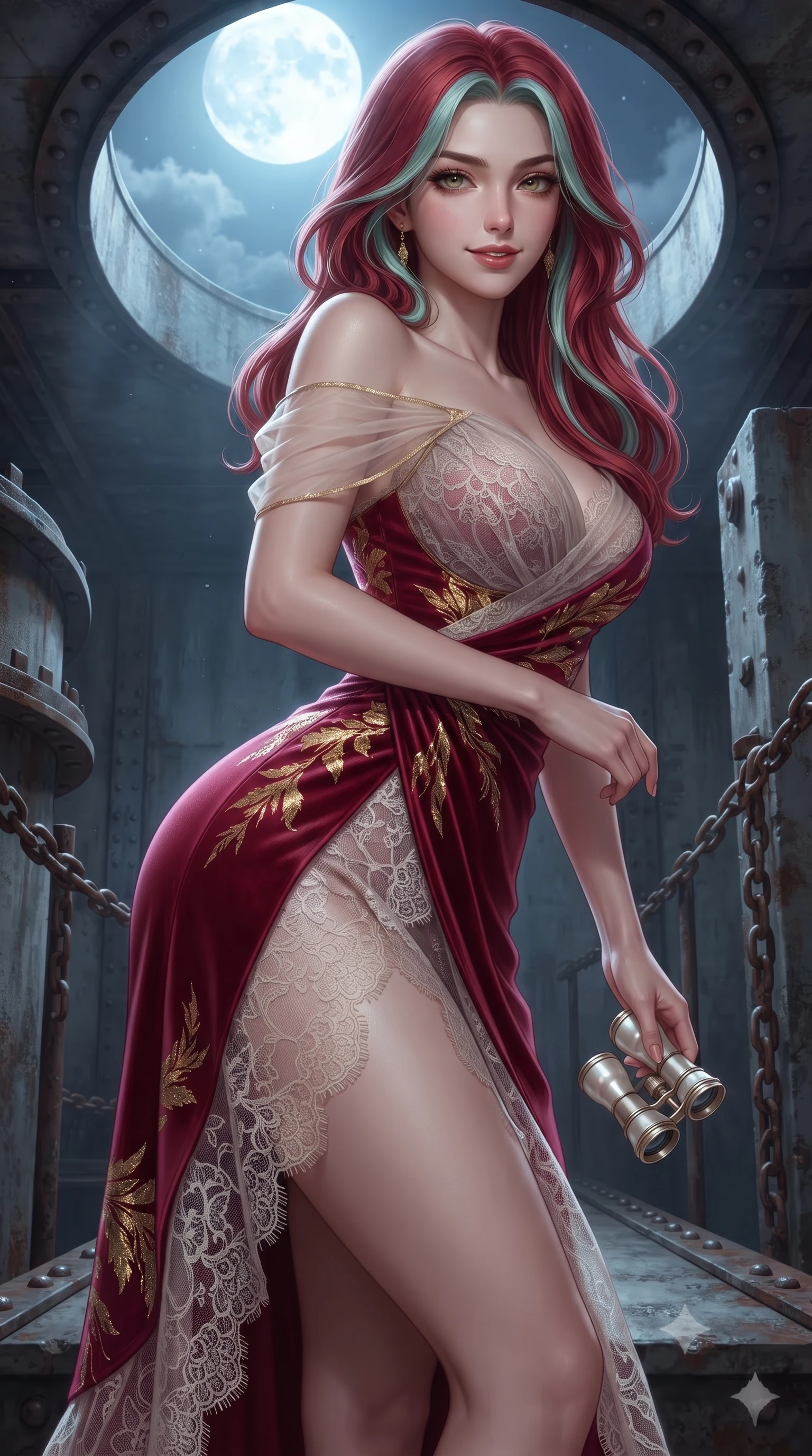 score_9, masterpiece, best quality, ultra-detailed, high-budget anime keyframe, editorial fashion photography, tasteful artistic composition, Caucasian woman. close-up cowboy shot from the waist and thighs up, the character dominates the composition, filling the frame with her large presence. leaning forward while arching her lower back to accentuate her curvy hips, looking into the camera with an intoxicating smoldering gaze and bedroom-eyes while twisting her slender torso in an alluring S-curve, moonlight pouring through the giant circular top opening onto her waist and hips. The surrounding environment is rendered in vivid detail and crisp panoramic clarity: sharp weathered concrete surface texture, riveted iron catwalk joints, and rusted chain links in deep focus. She has an exceptionally elegant, slender, and willowy female figure with an ultra-slim waist, flat toned midriff, narrow ribcage, and sculpted feminine hips creating an alluring, slim hourglass silhouette without bulk. sharp v-shaped jawline, high-bridge nose, sparkling eyes with hypnotic seductive depth, thick curled eyelashes, glossy parted lips with a natural dewy peach sheen, alluring bedroom-eyes with an enchanting coquettish smile, exuding magnetic siren charisma and sophisticated glamour, flawlessly proportioned anatomical accuracy, strict slender model proportions, natural body alignment, perfectly sculpted long slender limbs, ultra-slim waistline, clean dynamic posture without body distortion. wearing a delicate sheer gossamer chiffon ballet wrap dress slipping off bare shoulders with a daring hip-high leg slit in royal opera house crimson velvet and shimmering gold leaf, made of delicate semi-sheer French Chantilly lace with intricate eyelash edges, accented with an antique mother-of-pearl opera glass held casually in one hand, the liquid-tight tailored fabric clinging flawlessly to her narrow waist and rounded feminine hips, emphasizing every millimeter of her sculpted slim hourglass curves without any bulky heaviness. illuminated by concrete bounce fill and sharp cold-platinum rim lights sculpting her razor-sharp jawline, narrow waist, and curvy hips. ultra-reflective glossy finish, specular highlights, rich textural contrasts, high-contrast stereoscopic depth, volumetric dynamic lighting, 2k, ultra detail, master piece, 9:16 ratio