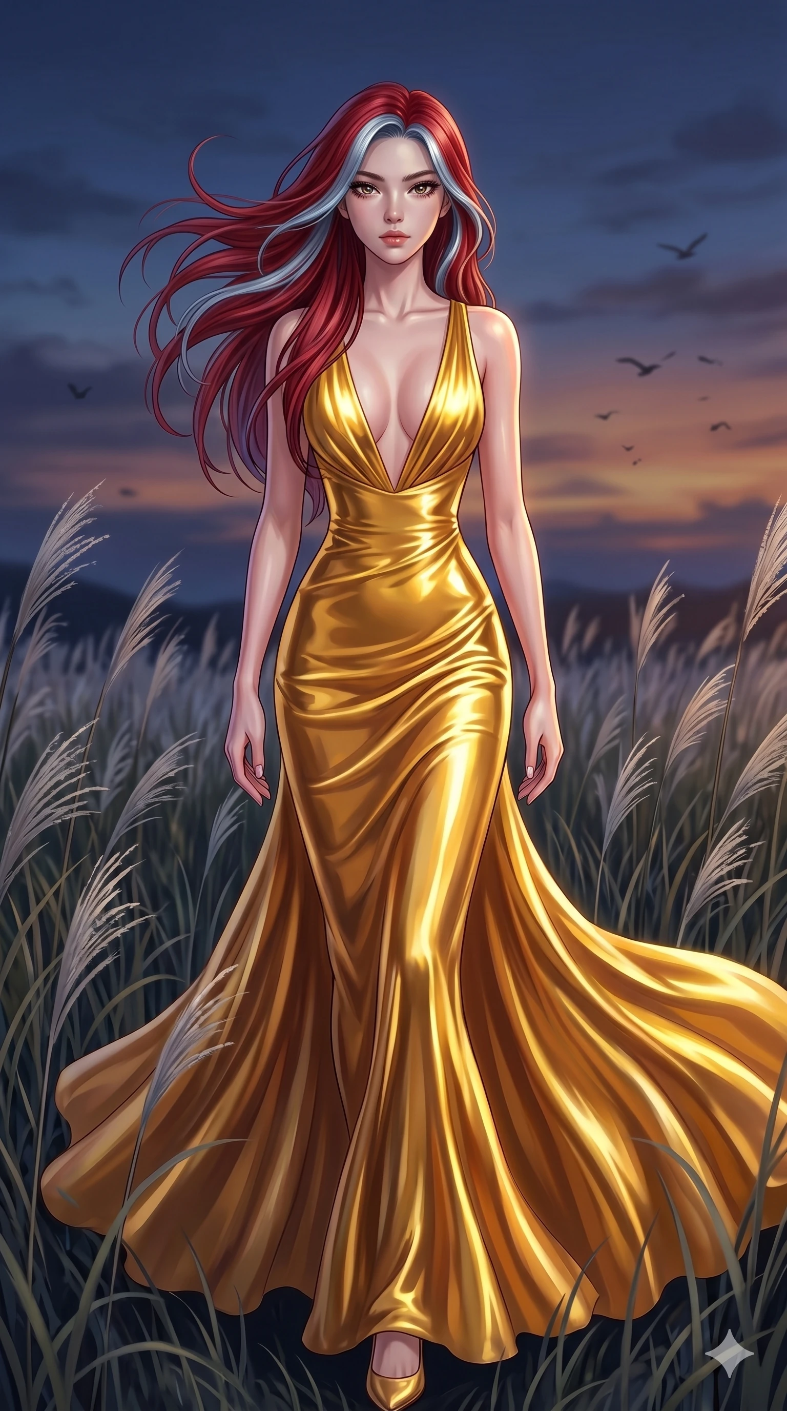 score_9, masterpiece, best quality, ultra-detailed, High-budget Anime Keyframe, East Asian woman. Dynamic full-body shot stretching the vertical silhouette to the limit. Scenario 48: Walking through a field of tall silver grass at twilight. Her presence is magnetic and overpowering in this high-budget anime scene. Outfit 48: A molten liquid silk gold with a plunging V-neckline and tight-fitting silhouette. The clothing is designed to emphasize her exceptionally tall and slender 8-heads proportion. 8-heads proportion, towering silhouette, ultra-slim waist. sharp v-shaped jawline, intricate jewel-like eyes with depth, thick eyelashes, glossy lips. 2k, ultra detail, master piece, 9:16 ratio