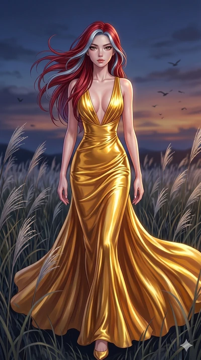 score_9, masterpiece, best quality, ultra-detailed, High-budget Anime Keyframe, East Asian woman. Dynamic full-body shot stretching the vertical silhouette to the limit. Scenario 48: Walking through a field of tall silver grass at twilight. Her prese