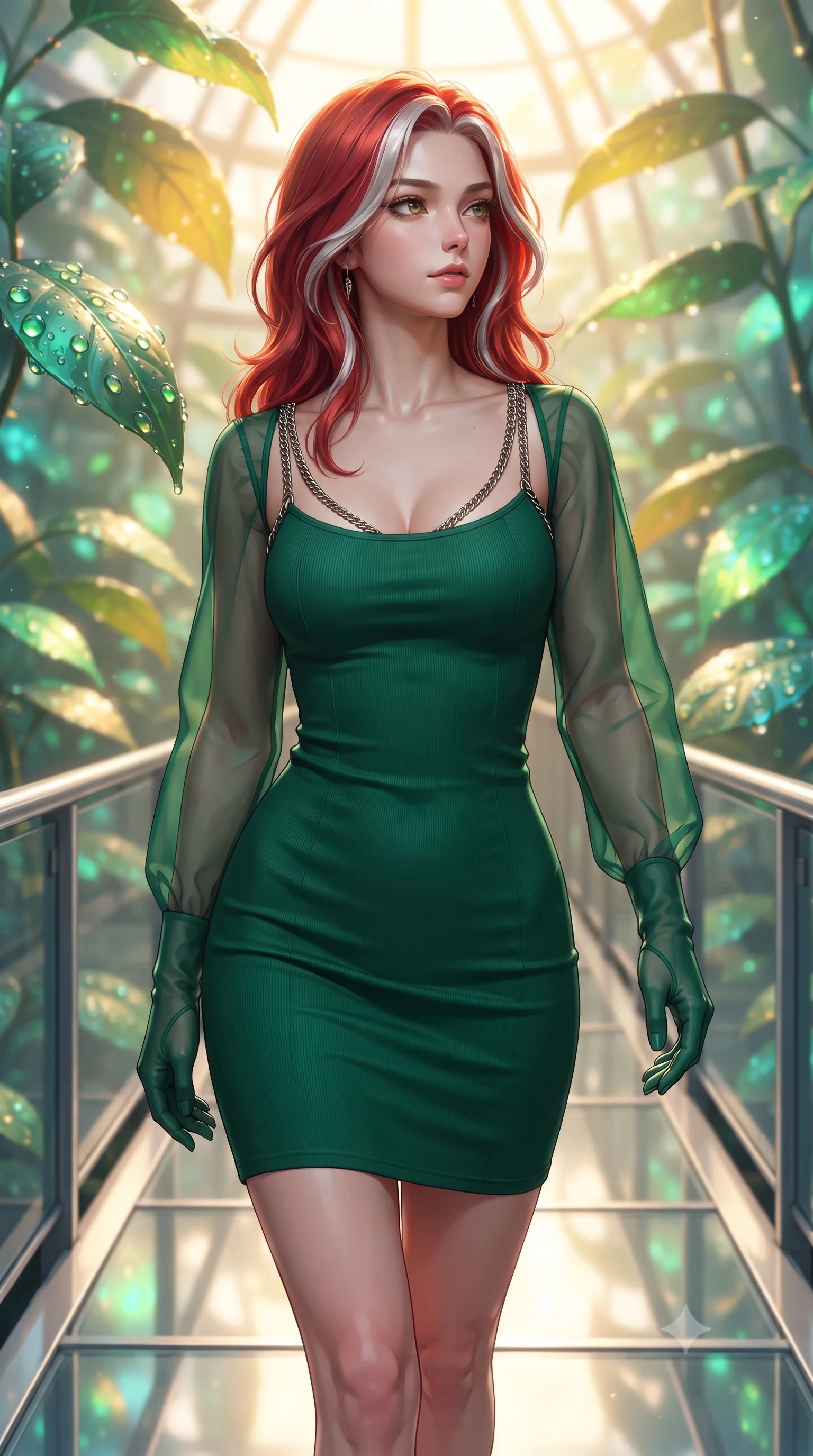 score_9, masterpiece, best quality, ultra-detailed, high-budget anime keyframe, editorial fashion photography, tasteful artistic composition, Caucasian woman. close-up cowboy shot from the waist and thighs up, the character dominates the composition, filling the frame with her large presence, background elements kept in soft focus. Gazing past the camera with an air of effortless elegance and mysterious confidence walking along a platinum-framed glass walkway in a sunlit botanical dome, dewdrops on bioluminescent leaves reflecting vibrant emerald and gold. She has an exceptionally elegant, slender, and willowy female figure with an ultra-slim waist, a gracefully sculpted slender torso, and a refined silhouette. sharp v-shaped jawline, high-bridge nose, intricate jewel-like eyes with depth, thick eyelashes, glossy lips with a natural sheen. wearing a sleek bodycon knit dress with sheer organza sleeve panels in deep emerald green and silver accent, woven from fine semi-opaque sheer organza, adorned with delicate metallic chain straps along the neckline, the glove-like fit emphasizing her statuesque silhouette. bathed in warm golden sunlight and soft emerald bioluminescent glow. highly saturated vibrant anime colors, detailed shading with soft gradients, rich glossy textures, high-contrast stereoscopic depth, volumetric dynamic lighting, master piece, 9:16 ratio