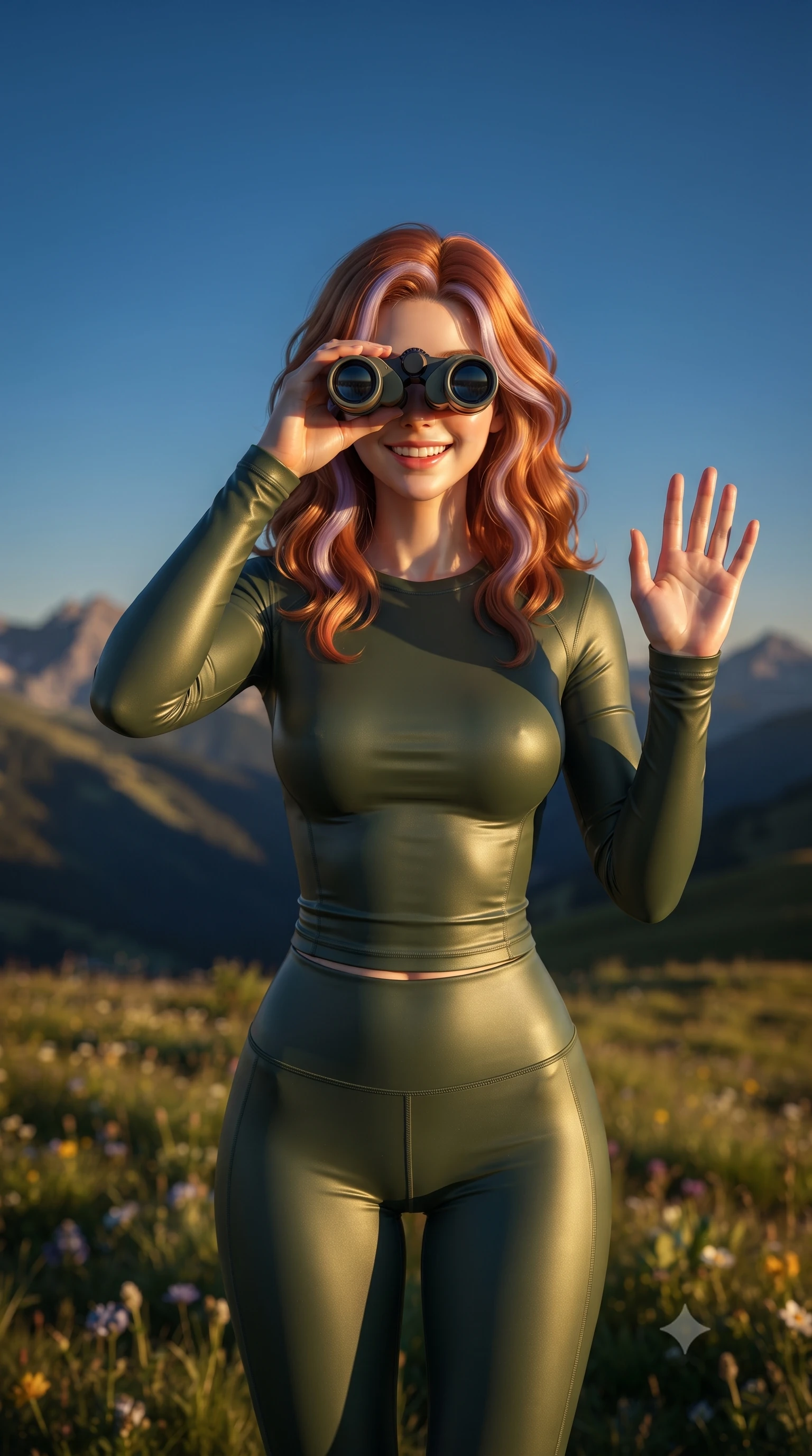 score_9, masterpiece, best quality, ultra-detailed, high-budget anime keyframe, editorial fashion photography, tasteful artistic composition, Caucasian woman. close-up cowboy shot from the waist and thighs up, the character dominates the composition, filling the frame with her large presence, background elements kept in soft focus. flashing a sweet, beaming smile while waving one hand gently toward the camera set against a soft-focus background of on a wide grassy meadow high up on a mountain plateau under a blue sky looking through a pair of binoculars with a happy, excited expression. She has an exceptionally elegant, slender, and willowy female figure with an ultra-slim waist, a gracefully sculpted slender torso, and a refined silhouette. sharp v-shaped jawline, high-bridge nose, intricate jewel-like eyes with depth, thick eyelashes, glossy lips with a natural sheen. wearing form-contouring tight-fitting athletic long-sleeve top in olive green, paired with form-contouring leggings. golden hour sunset light casting long shadows of mountain peaks across the slope. ultra-reflective glossy finish, specular highlights, metallic sheen, high-contrast stereoscopic depth, volumetric dynamic lighting, 2k, ultra detail, master piece, 9:16 ratio