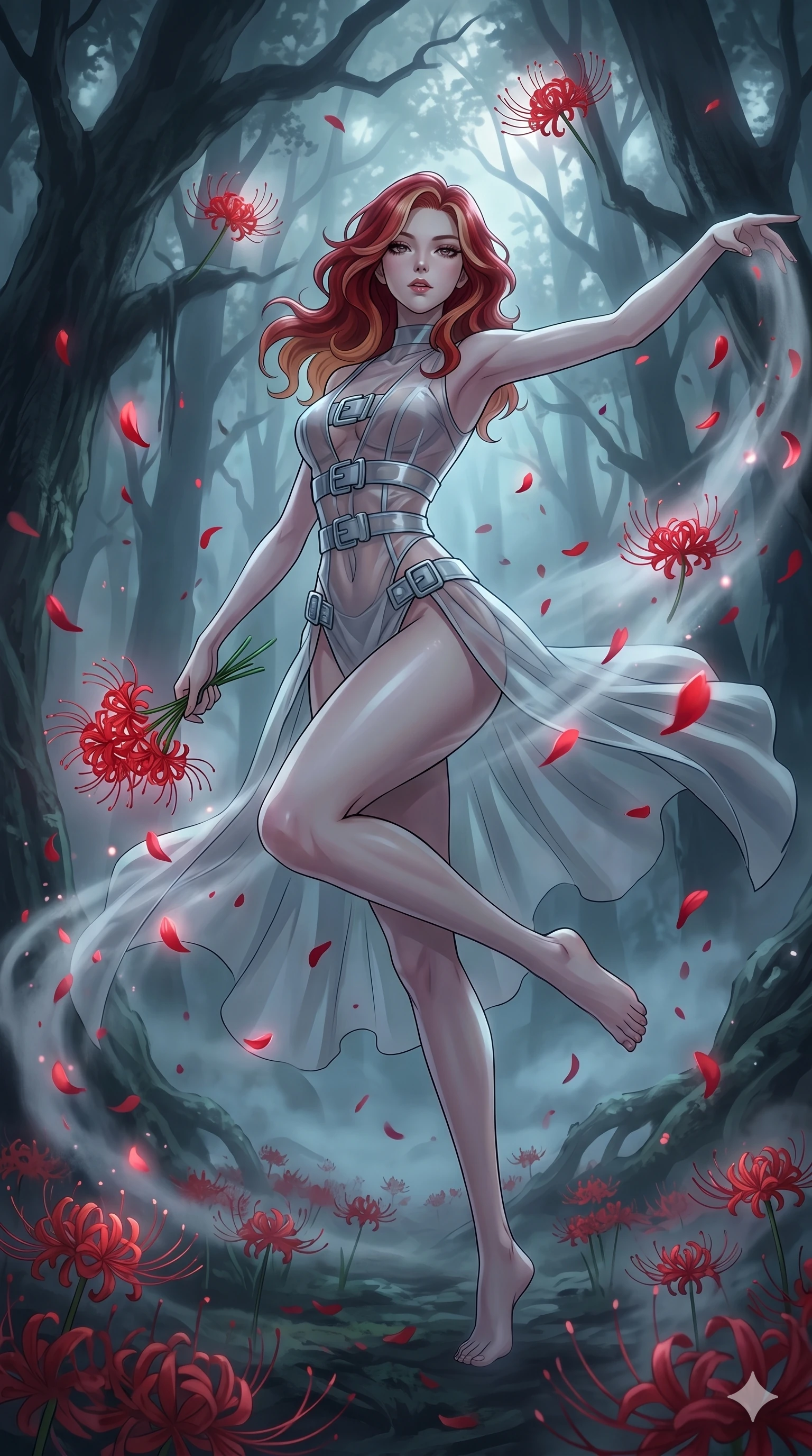 score_9, masterpiece, best quality, ultra-detailed, High-budget Anime Keyframe, East Asian woman. Low angle cowboy shot filling the entire 9:16 frame with her statuesque presence. Scenario 225: Dancing amidst falling red spider lilies in a misty dark forest. Her presence is magnetic and overpowering in this high-budget anime scene. Outfit 225: A sheer organza bare with a high-cut leg line and metallic buckles. The clothing is designed to emphasize her exceptionally tall and slender 8-heads proportion. 8-heads proportion, towering silhouette, ultra-slim waist. sharp v-shaped jawline, intricate jewel-like eyes with depth, thick eyelashes, glossy lips. 2k, ultra detail, master piece, 9:16 ratio