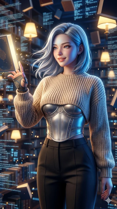 score_9, masterpiece, best quality, ultra-detailed, high-budget anime keyframe, semi-realistic 3D game render, Korean woman. Upper body close-up from the thighs up, character filling the screen for maximum presence. Inside a virtual reality library w