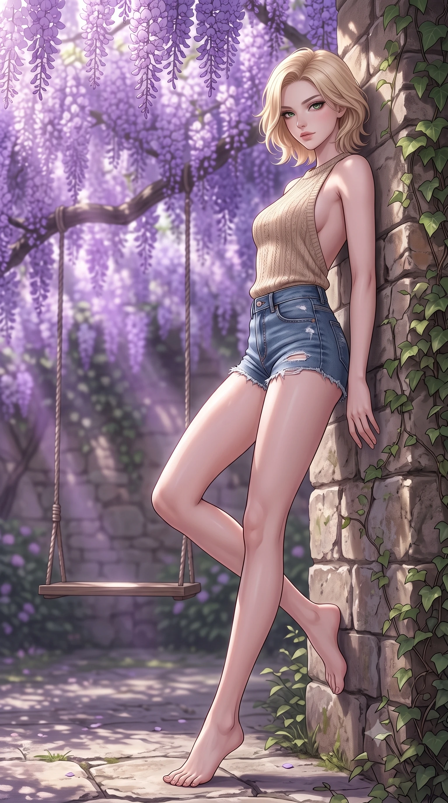 score_9, masterpiece, best quality, ultra-detailed, high-budget anime keyframe, editorial fashion photography, tasteful artistic composition, Caucasian woman woman. low angle full-body shot from head to toe showing her feet, filling the entire 9:16 vertical frame with her statuesque presence, stretching her vertical silhouette. leaning back against a rustic stone wall, casting a slow, alluring gaze at the camera the background shows a soft-focus a wooden swing under a dense canopy of purple wisteria flowers in a quiet garden. She has an absolutely perfect, statuesque 8.5-heads proportion, an exceptionally tall and slender model-like female figure with impossibly long slender legs and an ultra-slim waist. sharp v-shaped jawline, high-bridge nose, intricate jewel-like eyes with depth, thick eyelashes, glossy lips with a natural sheen. wearing a tailored backless knit top in beige wool, paired with high-waisted denim shorts. soft violet-tinted sunbeams filtering through the wisteria blossoms. 2k, ultra detail, master piece, 9:16 ratio