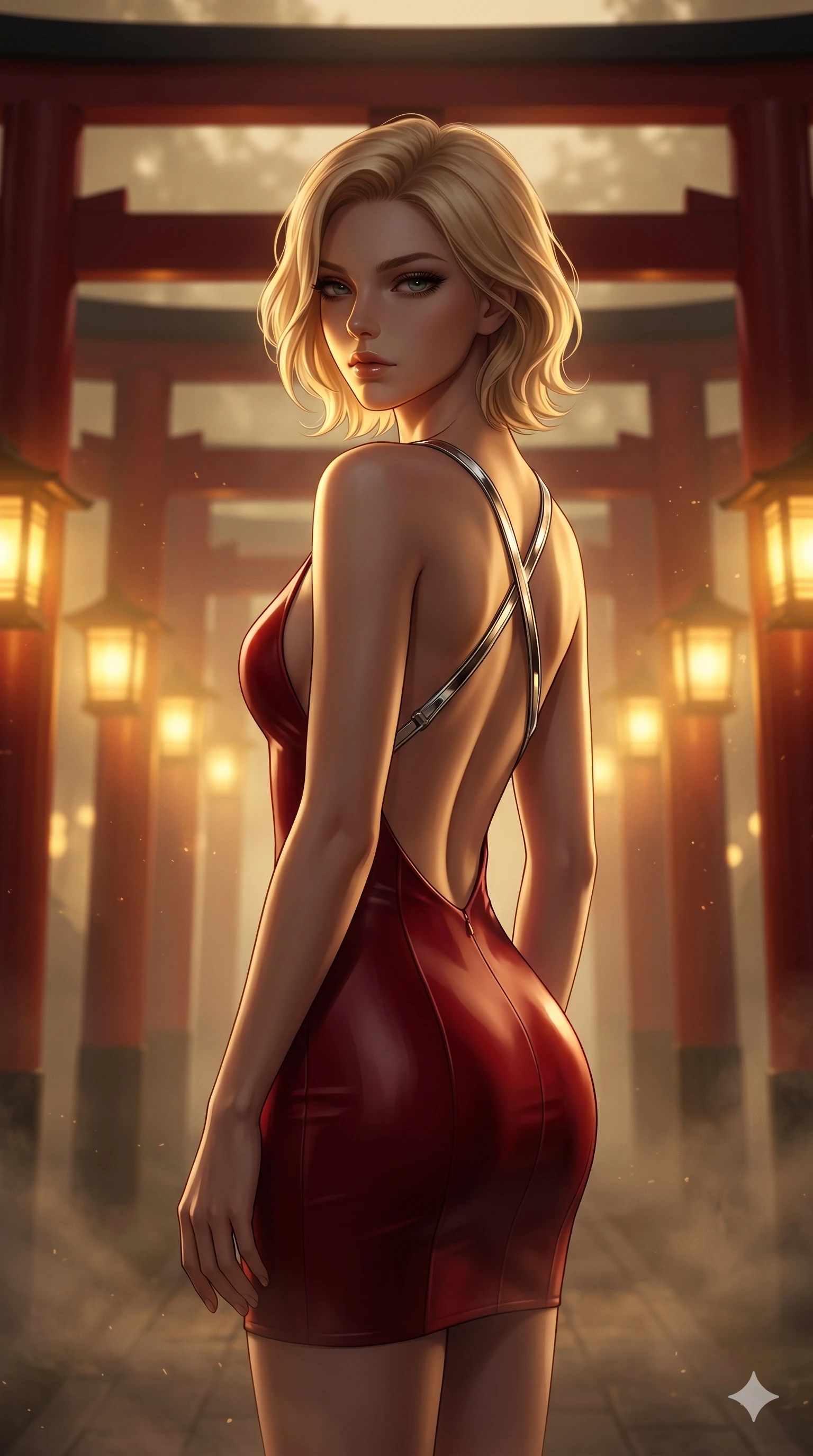 score_9, masterpiece, best quality, ultra-detailed, high-budget anime keyframe, editorial fashion photography, tasteful artistic composition, Caucasian woman, strictly human ears. cowboy shot from the thighs up, character and outfit filling the frame for maximum editorial presence. Casting a slow, direct gaze beneath heavy lashes with quiet intensity amidst a Japanese torii gate forest with golden fog-lit lanterns. She has an absolutely perfect 8-heads proportion, an exceptionally tall and slender female figure with impossibly long slender legs and an ultra-slim waist. V-shaped jawline, high-bridge nose, intricate jewel-like eyes with depth, thick eyelashes, glossy lips with a natural sheen. wearing a structured deep-cherry-red fashion-latex fitted dress with a clean architectural front and a dramatic open-back design with a single criss-cross strap in chrome across the bare back. lit by dramatic chiaroscuro with a single golden key light carving her facial contours and figure. 2k, ultra detail, master piece, 9:16 ratio