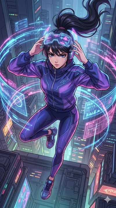 score_9, masterpiece, best quality, ultra-detailed, high-budget anime movie keyframe, cinematic anime lighting, intricate line art, Korean woman. Extreme high angle shot as she leaps towards the camera, filling the frame. adjusting a neural-link head