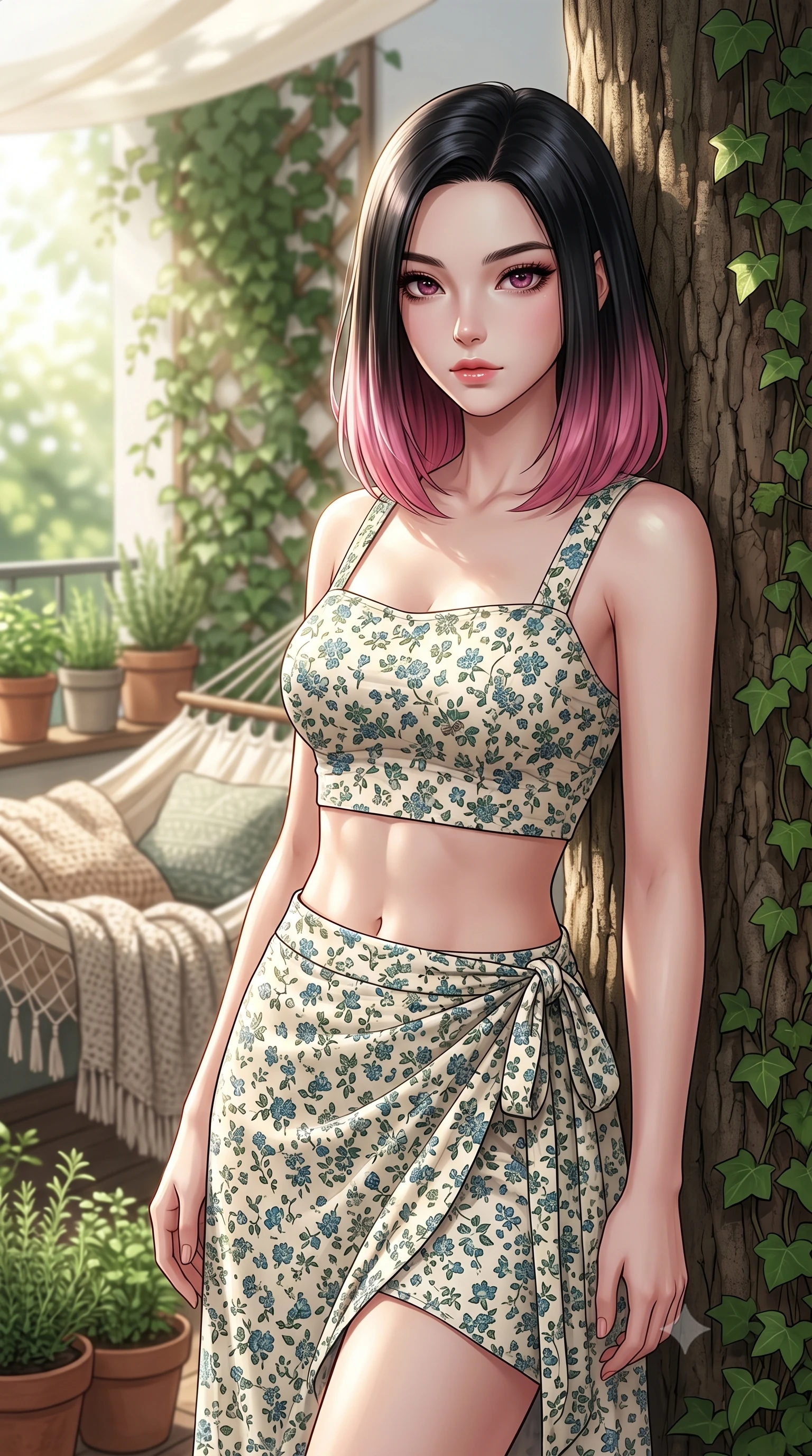 score_9, masterpiece, best quality, ultra-detailed, high-budget anime keyframe, editorial fashion photography, tasteful artistic composition, Korean woman woman. close-up cowboy shot from the waist and thighs up, the character dominates the composition, filling the frame with her large presence, background elements kept in soft focus. standing relaxed against a tree trunk, sharing a quiet, serene moment with the viewer the background shows a soft-focus a cozy hammock on a green balcony terrace filled with potted herbs and climbing ivy. She has an exceptionally elegant, slender, and willowy female figure with an ultra-slim waist, a gracefully sculpted slender torso, and a refined silhouette. sharp v-shaped jawline, high-bridge nose, intricate jewel-like eyes with depth, thick eyelashes, glossy lips with a natural sheen. wearing a body-hugging summer vacation crop top and wrap skirt set in floral print cotton, showing her slim waist. bright morning sunbeams creating a fresh, relaxing atmosphere. 2k, ultra detail, master piece, 9:16 ratio