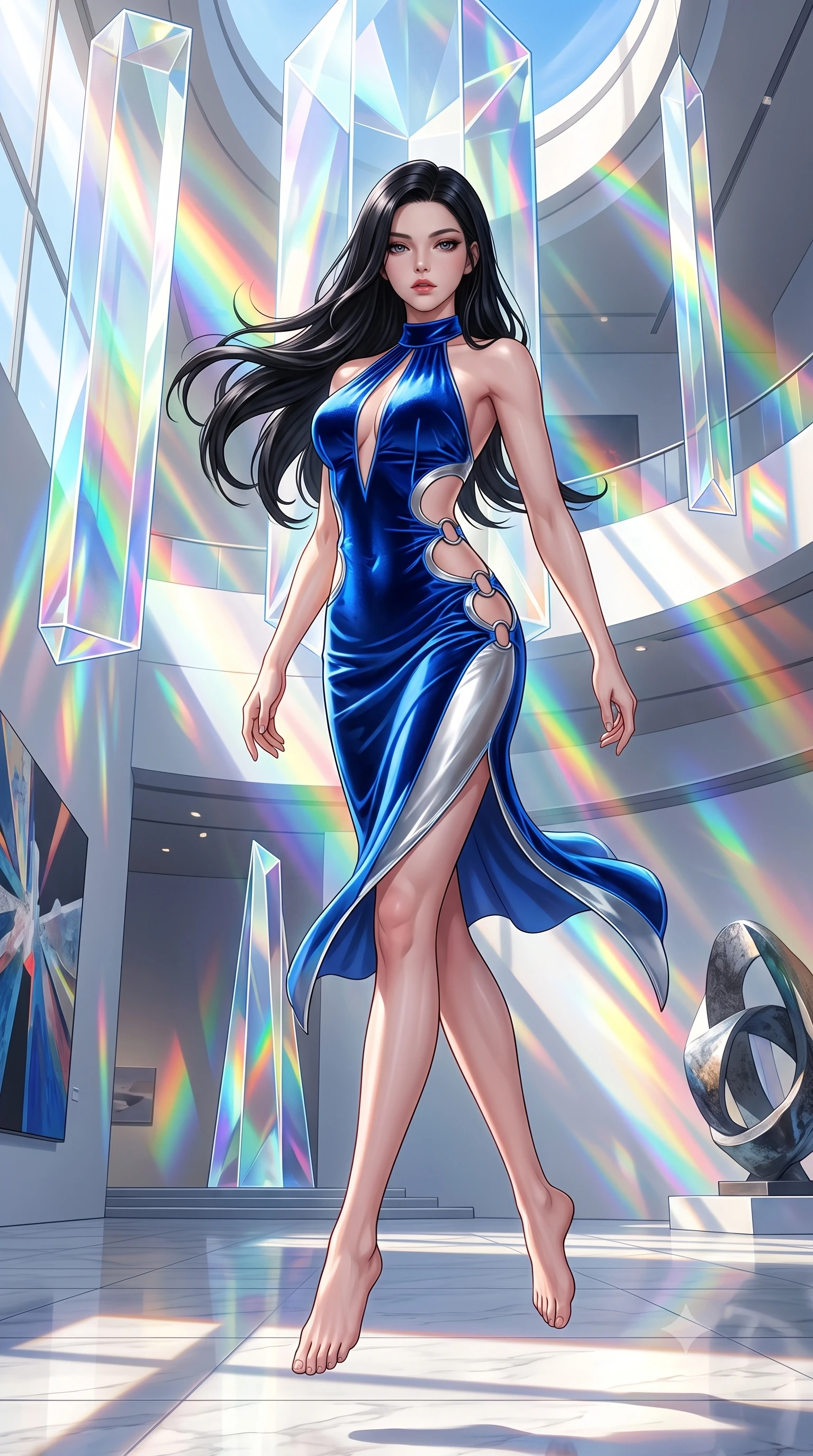 score_9, masterpiece, best quality, ultra-detailed, high-budget anime keyframe, semi-realistic 3D game render, editorial fashion photography, tasteful artistic composition, Korean woman. low angle full-body shot from head to toe showing her feet, filling the entire 9:16 vertical frame with her statuesque presence, stretching her vertical silhouette. performing an alluring mid-air vault with flawless poise, looking directly into the camera with smoldering intensity while striding commanding through a sun-drenched art hall where giant crystal prisms project vivid rainbow beams. The surrounding environment is rendered in vivid detail and crisp panoramic clarity. intricate light refraction patterns, crisp modern museum architecture, and clean shadows in high clarity. She has an absolutely perfect, statuesque 8.5-heads proportion, an exceptionally tall and slender model-like female figure with impossibly long slender legs, a toned flat midriff, and an ultra-slim waist. sharp v-shaped jawline, high-bridge nose, intricate jewel-like eyes with depth, thick eyelashes, glossy lips with a natural sheen, flawlessly proportioned anatomical accuracy, strict slender model proportions, natural body alignment, perfectly sculpted long slender limbs, ultra-slim waistline, clean dynamic posture without body distortion. wearing a velvet halter-neck midi dress fitting her statuesque contour flawlessly with a Tasteful chest slit and open spine in liquid electric cobalt blue and polished silver, tailored from semi-translucent cybernetic vinyl with glowing micro-filaments, detailed with polished silver rings connecting the daring side-waist cutouts, the liquid-tight tailored fabric emphasizing every curve of her tall, slender model proportions and sculptured silhouette during dynamic movement. bathed in brilliant natural white daylight intersected by vivid saturated rainbow prism beams. highly saturated vibrant anime colors, detailed shading with soft gradients, rich glossy textures, high-contrast stereoscopic depth, volumetric dynamic lighting, master piece, 9:16 ratio