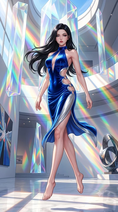 score_9, masterpiece, best quality, ultra-detailed, high-budget anime keyframe, semi-realistic 3D game render, editorial fashion photography, tasteful artistic composition, Korean woman. low angle full-body shot from head to toe showing her feet, fil