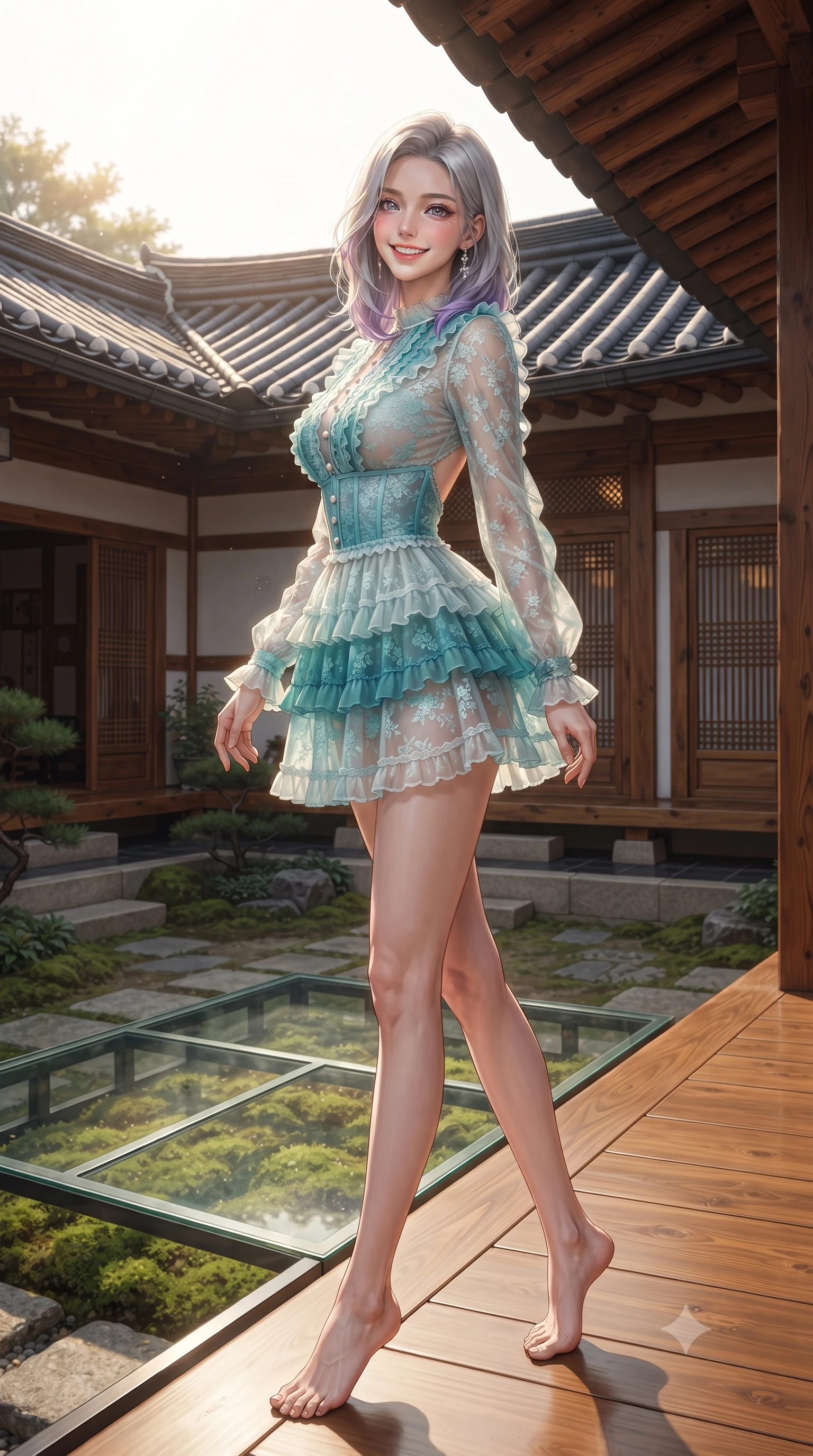 score_9, masterpiece, best quality, ultra-detailed, high-budget anime keyframe, editorial fashion photography, tasteful artistic composition, Caucasian woman. low angle full-body shot from head to toe showing her feet, filling the entire 9:16 vertical frame with her statuesque presence, stretching her vertical silhouette. reclining languidly on her side across the sunbed with one knee drawn up, her radiant smile and arched hip curve commanding the 9:16 vertical frame with youthful sensual charisma while standing poised beside a glass-covered moss courtyard garden, twisting her slender torso in an alluring contrapposto stance as morning sunlight filters through traditional roof tiles. The surrounding environment is rendered in vivid detail and crisp panoramic clarity. sharp dark roof tile ridges, polished wood grain on hanok verandas, and courtyard stone textures in deep focus. She has an exceptionally tall and slender model-like 8.5-heads proportion, an ultra-slim waist, a flat toned midriff, narrow delicate ribcage, and beautifully sculpted feminine hips creating a graceful, slim hourglass silhouette without any bulky heaviness, with impossibly long slender legs. sharp v-shaped jawline, high-bridge nose, intricate jewel-like sparkling eyes with depth, thick eyelashes, glossy parted lips with a natural peach sheen, bright cheerful beaming smile with an enchanting and coquettish sensual glint, exuding both youthful cute charm and seductive allure, flawlessly proportioned anatomical accuracy, strict slender model proportions, natural body alignment, perfectly sculpted long slender limbs, ultra-slim waistline, clean dynamic posture without body distortion. wearing a tiered ruffled chiffon mini dress with a fitted corseted waist and open back in ocean turquoise and sea-salt white, made of sheer contouring stretch lace with delicate floral patterns, finished with subtle ruffle trims and delicate pearl buttons, the glove-like silhouette tightly following the natural contour of her hips and long slender legs with youthful 8.5-heads elegance. illuminated by warm wood bounce light sharply sculpting her razor-sharp jawline, narrow waist, and curvy hips. ultra-reflective glossy finish, specular highlights, rich textural contrasts, high-contrast stereoscopic depth, volumetric dynamic lighting, 2k, ultra detail, master piece, 9:16 ratio