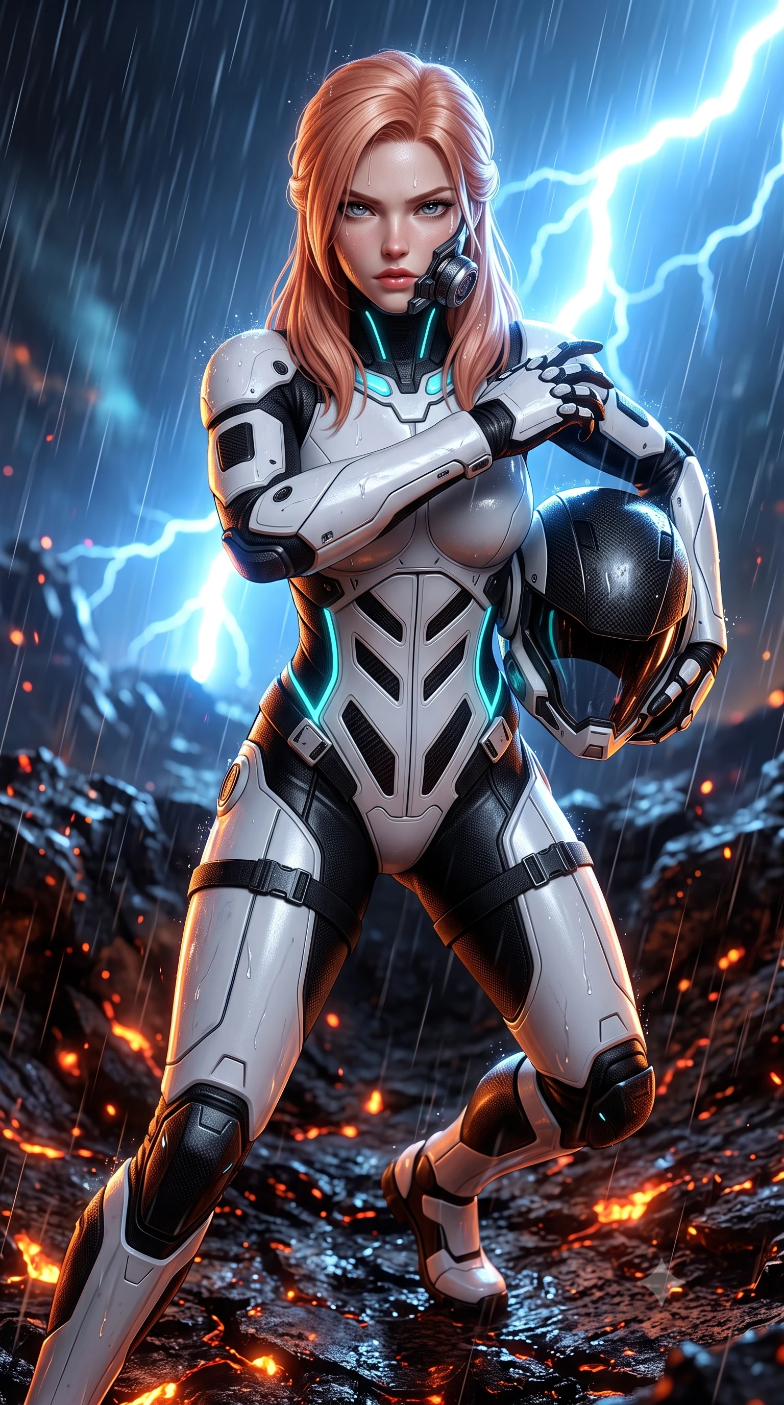 score_9, masterpiece, best quality, ultra-detailed, high-budget anime keyframe, semi-realistic 3D game render, editorial fashion photography, tasteful artistic composition, Japanese woman. close-up cowboy shot from the waist and thighs up, the character dominates the composition, filling the frame with her large presence. shifting into a low cat-stance with arms crossed defensively, glowing energy conduits tracing her ultra-slim waist and sculpted clavicle while stepping forward through the blackened crater with rebreather unlatched on one side, revealing her glossy lips and sharp jawline. The surrounding environment is rendered in vivid detail and crisp panoramic clarity. intricate carbon armor composite grain, sweat glistening on bare collarbones, and armor buckles in high clarity. She has an exceptionally elegant, slender, and willowy female figure with an ultra-slim waist, a gracefully sculpted slender torso, toned flat midriff, and a refined slim silhouette. sharp v-shaped jawline, high-bridge nose, intricate jewel-like eyes with depth, thick eyelashes, glossy lips with a natural sheen, fierce and resolute heroine expression, flawlessly proportioned anatomical accuracy, strict slender model proportions, natural body alignment, perfectly sculpted long slender limbs, ultra-slim waistline, clean dynamic posture without body distortion. holding a modular carbon battle-helmet under one arm, her flawless face and sculpted neck exposed to the rain with determined warrior focus, paired with a form-contouring high-mobility battle-suit featuring sculpted carbon chest plating, diagonal midriff ventilation cutouts, and kinetic knee vambraces in monochrome white enamel carbon with high-contrast black tactical panels, made of lightweight aerodynamic carbon-titanium alloy with precision-beveled armor seams, finished with high-mobility flexible armor articulation seams and miniature magnetic locks, the form-contouring material adhering flawlessly to her sculpted flat midriff and slender torso, emphasizing her long leg lines and perfectly proportioned willowy build. bathed in blinding blue EMP lightning flash backlighting and warm amber crater ember glow. rich saturated anime colors with glowing neon highlights, detailed shading with soft gradients, rich glossy textures, high-contrast stereoscopic depth, volumetric dynamic lighting, master piece, 9:16 ratio