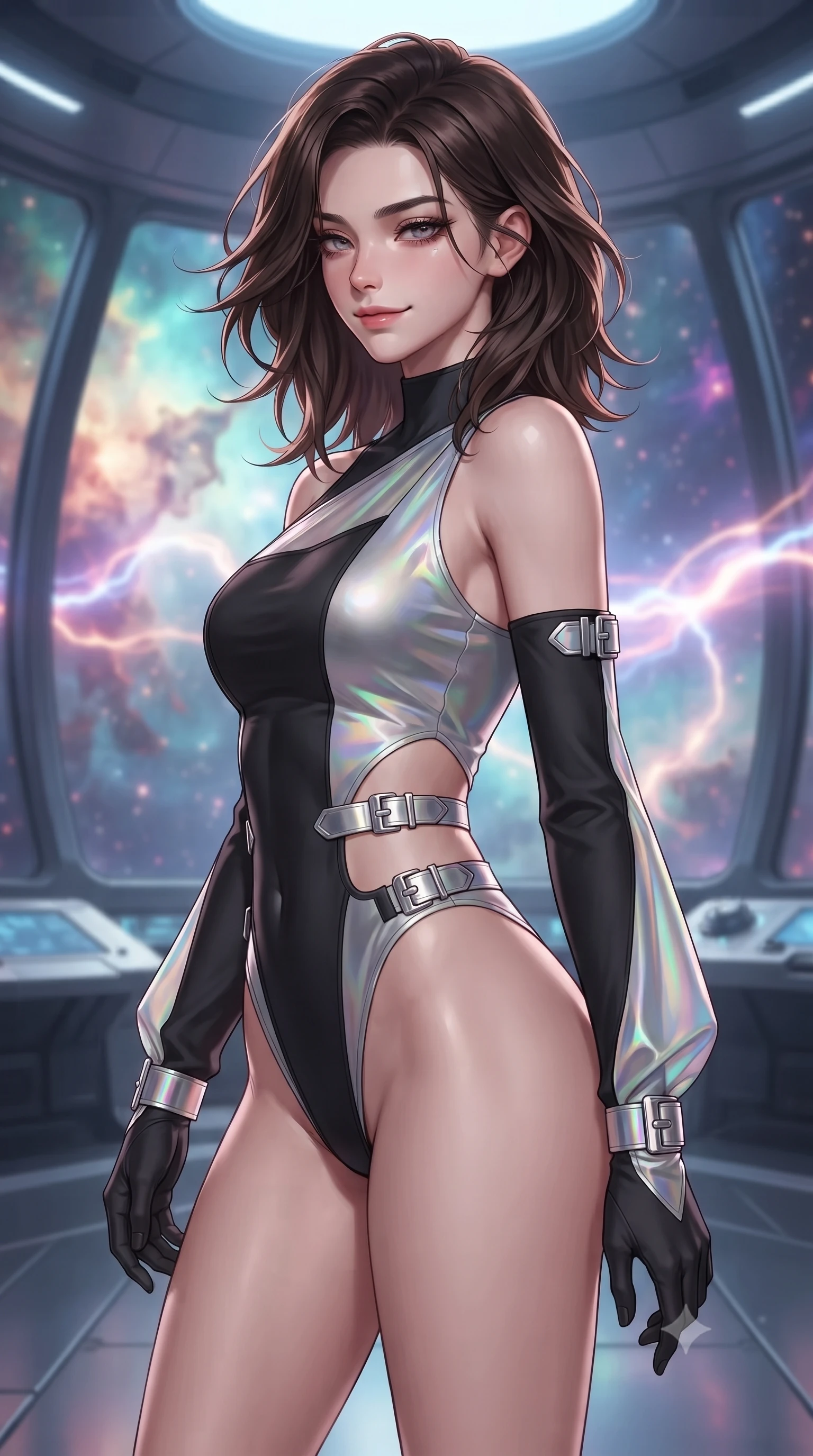 score_9, masterpiece, best quality, ultra-detailed, high-budget anime keyframe, editorial fashion photography, tasteful artistic composition, Korean woman. close-up cowboy shot from the waist and thighs up, the character dominates the composition, filling the frame with her large presence, background elements kept in soft focus. Glancing sidelong over her shoulder with a smoldering half-smile and heavy lashes standing inside a high-tech observatory with panoramic glass views of a nebula, glowing plasma arcs pulsating rhythmically in the background. She has an exceptionally elegant, slender, and willowy female figure with an ultra-slim waist, a gracefully sculpted slender torso, and a refined silhouette. sharp v-shaped jawline, high-bridge nose, intricate jewel-like eyes with depth, thick eyelashes, glossy lips with a natural sheen. wearing an asymmetrical high-cut tech-bodysuit with detached sleeves in matte black and polished silver, crafted from iridescent chiffon that shifts colors in the light, detailed with polished silver buckles along the waistline, the glove-like fit emphasizing her statuesque silhouette. surrounded by a crisp high-tech illumination highlighting every sleek curve. ultra-reflective glossy finish, specular highlights, metallic sheen, high-contrast stereoscopic depth, volumetric dynamic lighting, 2k, ultra detail, master piece, 9:16 ratio
