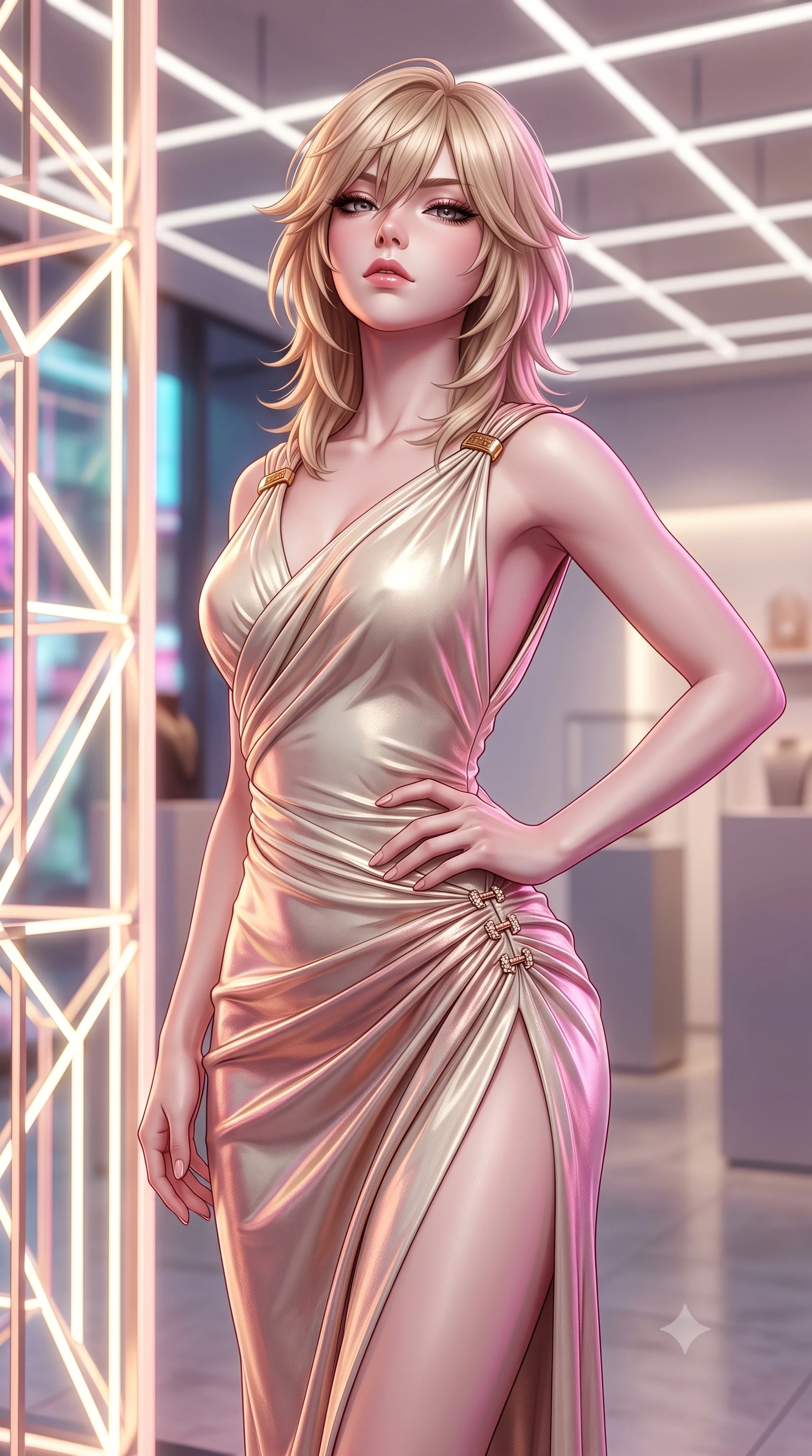 score_9, masterpiece, best quality, ultra-detailed, high-budget anime keyframe, semi-realistic 3D game render, editorial fashion photography, tasteful artistic composition, Japanese woman. close-up cowboy shot from the waist and thighs up, the character dominates the composition, filling the frame with her large presence. tilting her chin up with proud, sovereign allure while gazing through thick eyelashes, one hand resting on her waist in pure supermodel charisma while standing poised beside a glowing geometric art installation, twisting her slender torso in an alluring contrapposto stance in the designer light. The composition keeps background elements in soft focus with creamy bokeh. minimalist fashion pedestals and linear ceiling lighting grids softened in ultra-chic editorial shallow focus. She has an exceptionally elegant, slender, and willowy female figure with an ultra-slim waist, flat toned midriff, narrow ribcage, and sculpted feminine hips creating an alluring, slim hourglass silhouette without bulk. sharp v-shaped jawline, high-bridge nose, intricate jewel-like eyes with depth, thick eyelashes, glossy parted lips with a natural sheen, intensely captivating and seductive bedroom-eyes expression, flawlessly proportioned anatomical accuracy, strict slender model proportions, natural body alignment, perfectly sculpted long slender limbs, ultra-slim waistline, clean dynamic posture without body distortion. wearing a high-slit Grecian goddess draped gown with asymmetrical gold shoulder clasps and hip gathering in vintage champagne ivory and delicate rose gold, crafted from luxurious metallic lamé that shifts radiance with every step, finished with an ultra-high side slit secured by miniature jeweled clasps, the liquid-tight tailored fabric clinging flawlessly to her narrow waist and rounded feminine hips, emphasizing every millimeter of her sculpted slim hourglass curves without any bulky heaviness. bathed in pure, diffused designer architectural lighting and vibrant Tokyo street neon reflections. highly saturated vibrant anime colors, detailed shading with soft gradients, rich glossy textures, high-contrast stereoscopic depth, volumetric dynamic lighting, master piece, 9:16 ratio