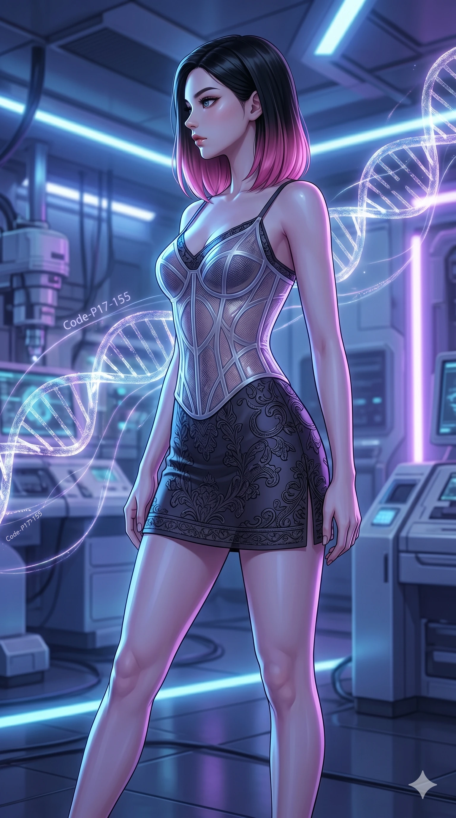 score_9, masterpiece, best quality, ultra-detailed, high-budget anime keyframe, editorial fashion photography, tasteful artistic composition, Korean woman. cowboy shot from the thighs up, character and outfit filling the frame for maximum editorial presence. turning her face in a sharp profile, her expression cool in a laboratory with floating DNA lines (Code-P17-155). She has an absolutely perfect 8-heads proportion, an exceptionally tall and slender female figure with impossibly long slender legs and an ultra-slim waist. V-shaped jawline, high-bridge nose, intricate jewel-like eyes with depth, thick eyelashes, glossy lips with a natural sheen. wearing a translucent structured bodice over a dark patterned embroidery slip dress. cool blue and violet neon light, highlighting the sleek contours of her athletic figure. 2k, ultra detail, master piece, 9:16 ratio