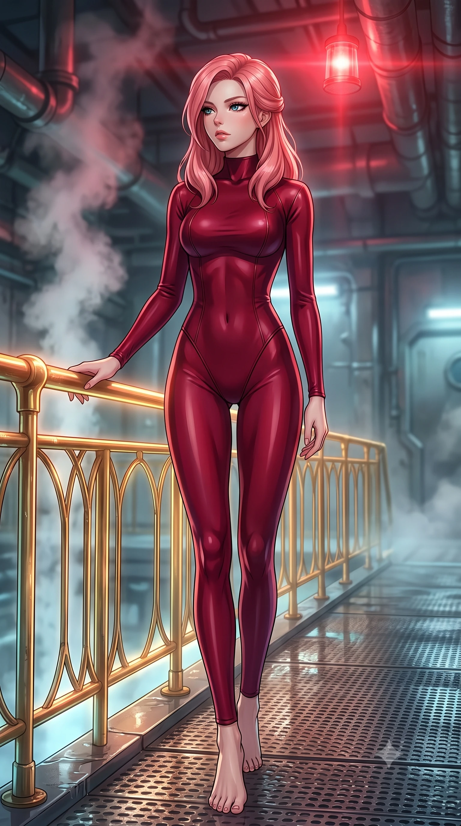 score_9, masterpiece, best quality, ultra-detailed, high-budget anime keyframe, editorial fashion photography, tasteful artistic composition, Japanese woman. low angle full-body shot from head to toe showing her feet, filling the entire 9:16 vertical frame with her statuesque presence, stretching her vertical silhouette. standing in a tall, confident posture with one hand on a glowing metal railing, stretching her statuesque body, the background shows a soft-focus a wet maintenance dock inside an undersea ballroom crater with steam vents. She has an absolutely perfect, statuesque 8.5-heads proportion, an exceptionally tall and slender model-like female figure with impossibly long slender legs and an ultra-slim waist. sharp v-shaped jawline, high-bridge nose, intricate jewel-like eyes with depth, thick eyelashes, glossy lips with a natural sheen. wearing a form-contouring form-contouring high-neck bodycon suit in deep crimson, contouring her athletic build like a second skin. underground steam vents catching a pulsing crimson warning beacon light from above. highly saturated vibrant anime colors, detailed shading with soft gradients, rich glossy textures, high-contrast stereoscopic depth, volumetric dynamic lighting, master piece, 9:16 ratio
