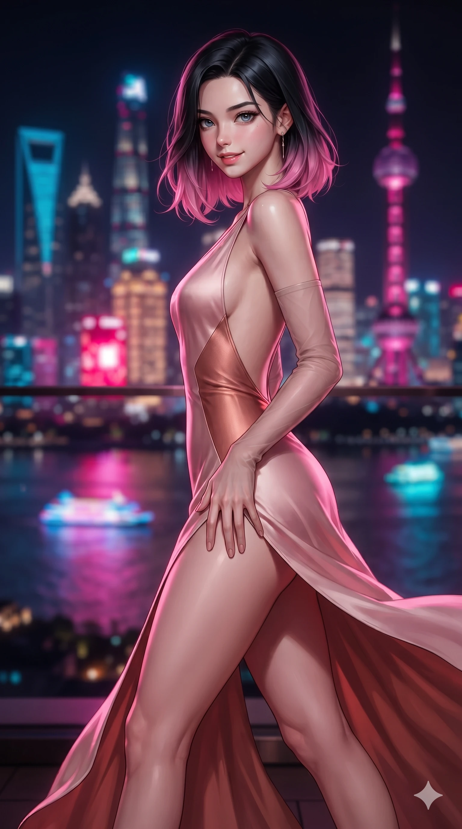 score_9, masterpiece, best quality, ultra-detailed, high-budget anime keyframe, editorial fashion photography, tasteful artistic composition, Korean woman. close-up cowboy shot from the waist and thighs up, the character dominates the composition, filling the frame with her large presence. tilting her head with a teasing half-smile, running one hand slowly down the side of her hip in a flirtatious S-curve as ambient light caresses her silhouette while striding across the penthouse terrace as river breezes whip her high-slit dress open, accentuating her long slender legs and curvy hips. The background shows a soft-focus blazing neon spires of Pudong, glowing boat trails on the Huangpu River, and towering Oriental Pearl tower reflections blurred into magenta, electric cyan, and deep obsidian bokeh. She has an exceptionally elegant, slender, and willowy female figure with an ultra-slim waist, flat toned midriff, narrow ribcage, and sculpted feminine hips creating an alluring, slim hourglass silhouette without bulk. sharp v-shaped jawline, high-bridge nose, intricate jewel-like sparkling eyes with depth, thick eyelashes, glossy parted lips with a natural sheen, intensely captivating and seductive bedroom-eyes expression, exuding both youthful cute charm and sovereign luxury allure, flawlessly proportioned anatomical accuracy, strict slender model proportions, natural body alignment, perfectly sculpted long slender limbs, ultra-slim waistline, clean dynamic posture without body distortion. wearing a liquid-silk jersey evening gown with an ultra-deep plunging open back descending to the base of her spine and a sculpted hip-hugging skirt in rose-quartz blush and burnished copper, crafted from bespoke double-faced cashmere with an exceptionally soft tactile finish, complemented by sheer opera-length evening gloves tracing her slender arms, the precision-cut side openings and low-back scoop framing her graceful spine and the sensual sweep of her slim, toned hips. bathed in vibrant magenta and electric cyan river skyline reflections contrasting with warm amber interior downlights. ultra-reflective glossy finish, specular highlights, rich textural contrasts, high-contrast stereoscopic depth, volumetric dynamic lighting, 2k, ultra detail, master piece, 9:16 ratio