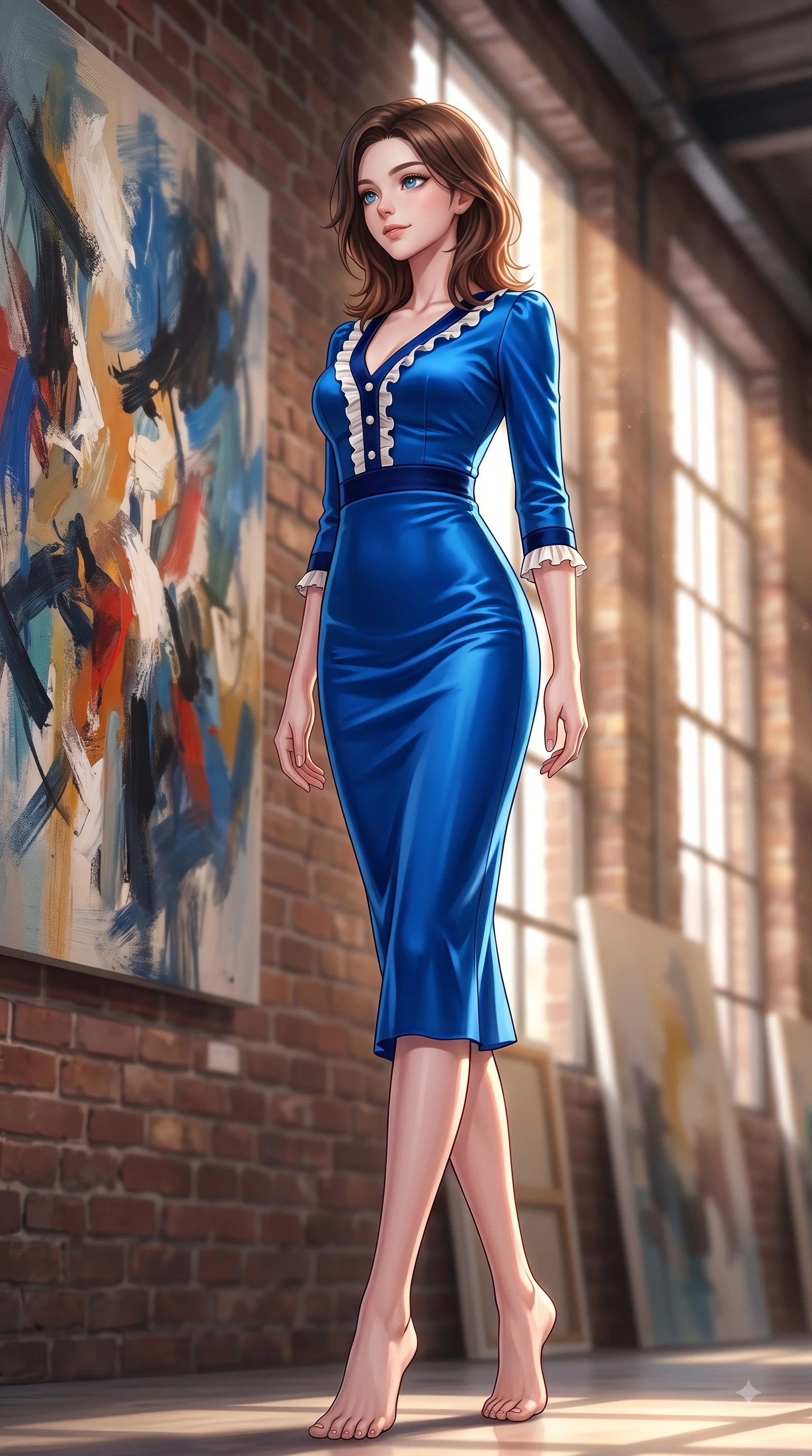 score_9, masterpiece, best quality, ultra-detailed, high-budget anime keyframe, editorial fashion photography, tasteful artistic composition, Korean woman. low angle full-body shot from head to toe showing her feet, filling the entire 9:16 vertical frame with her statuesque presence, stretching her vertical silhouette. Pure innocent expression with clear crystalline eyes, a gentle tender smile, and an airy serene aura while pausing dramatically near a large abstract oil painting with a magnetic editorial gaze. The composition keeps background elements in soft focus with dreamy bokeh. abstract artwork canvases and warm brick gallery walls blurred into cozy industrial bokeh. She has an absolutely perfect, statuesque 8.5-heads proportion, an exceptionally tall and slender model-like female figure with impossibly long slender legs and an ultra-slim waist. sharp v-shaped jawline, high-bridge nose, intricate jewel-like eyes with depth, thick eyelashes, glossy lips with a natural sheen, flawlessly proportioned anatomical accuracy, natural body alignment, perfectly sculpted elegant limbs, clean dynamic posture without body distortion. wearing a vivid sapphire blue satin midi dress following her statuesque figure in royal navy blue and pure ivory, made of premium stretch velvet with a rich glossy sheen, accented with delicate pearl buttons and refined ruffle trims, the chic fashion cut framing her graceful clavicle and slender torso. bathed in warm volumetric sunbeams filtering through tall industrial windows. highly saturated vibrant anime colors, detailed shading with soft gradients, rich glossy textures, high-contrast stereoscopic depth, volumetric dynamic lighting, master piece, 9:16 ratio