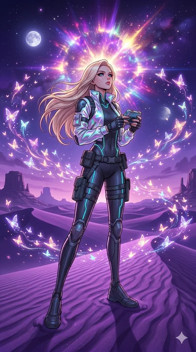 score_9, masterpiece, best quality, ultra-detailed, high-budget anime movie keyframe, cinematic anime lighting, intricate line art, Korean woman. Dynamic full-body shot stretching the vertical silhouette across the 9:16 frame. observing a supernova i
