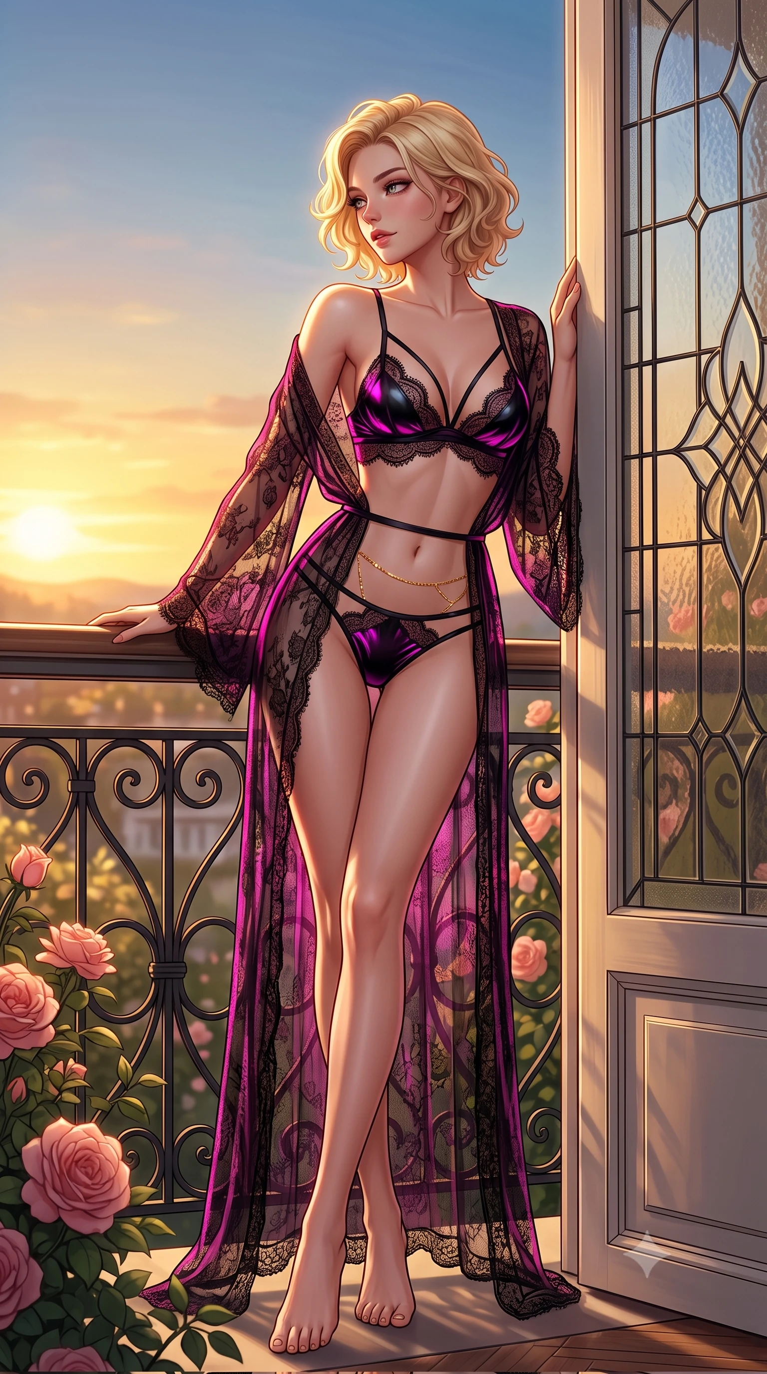 score_9, masterpiece, best quality, ultra-detailed, high-budget anime keyframe, semi-realistic 3D game render, editorial fashion photography, tasteful artistic composition, Caucasian woman. low angle full-body shot from head to toe showing her feet, filling the entire 9:16 vertical frame with her statuesque presence, stretching her vertical silhouette. leaning deep against the balcony balustrade with hips cocked back in an unapologetically alluring high-fashion stance, casting an intoxicating glance while leaning against the glasshouse exterior doorframe with hips cocked back, looking over a bare shoulder toward the golden sunset horizon. The surrounding environment is rendered in vivid detail and crisp panoramic clarity: sharp wrought-iron scrollwork details, blooming David Austin rose petal textures, and leaded glass door frames in deep focus. She has an absolutely perfect, statuesque 8.5-heads proportion, an exceptionally tall and slender model-like female figure with impossibly long slender legs, an ultra-slim waist, a flat toned midriff, narrow delicate ribcage, and beautifully sculpted feminine hips creating a graceful, slim hourglass silhouette without any bulky heaviness. sharp v-shaped jawline, high-bridge nose, sparkling eyes with hypnotic seductive depth, thick curled eyelashes, glossy parted lips with a natural dewy peach sheen, alluring bedroom-eyes with an enchanting coquettish smile, exuding magnetic siren charisma and sophisticated glamour, flawlessly proportioned anatomical accuracy, strict slender model proportions, natural body alignment, perfectly sculpted long slender limbs, ultra-slim waistline, clean dynamic posture without body distortion. wearing a delicate sheer lace boudoir robe worn loose and slipping off bare shoulders over a matching strappy bralette and briefs in wet-look onyx black with electric magenta reflections, made of delicate semi-sheer French Chantilly lace with intricate eyelash edges, accented with a dainty gold belly chain resting across her flat midriff and curving hips, the high-slit wrap tailoring accentuating her ultra-slim waistline and the enchanting curve of her feminine hips with alluring seductive charm. illuminated by glass door reflections and sharp warm-gold rim lights sculpting her delicate clavicles, ultra-slim waist, and curvy hips. highly saturated vibrant anime colors, detailed shading with soft gradients, rich glossy textures, high-contrast stereoscopic depth, volumetric dynamic lighting, master piece, 9:16 ratio