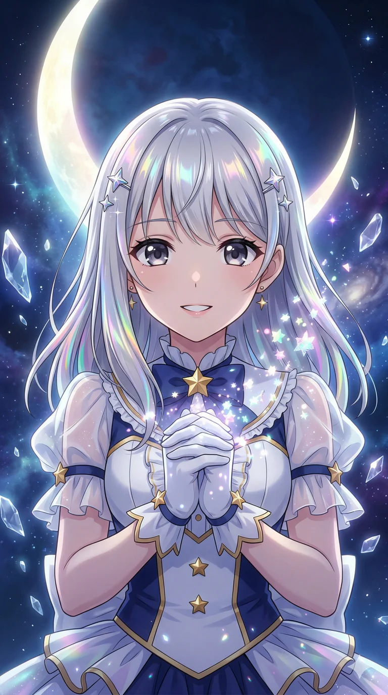 score_9, masterpiece, best quality, ultra-detailed, high-budget anime keyframe, an incredibly beautiful Japanese woman. Medium shot of upper body focusing on her cute features and her shimmering silver hair with iridescent rainbow highlights, filling the vertical 9:16 frame. She is a magical girl summoning star-shaped glitter. She has a petite and slender figure with an absolutely perfect 8-heads proportion. She is wearing a magical girl outfit with sheer fabric ribbons and golden stars. A cosmic background with a giant glowing moon and floating crystal shards, radiant lighting, 2k, ultra detail, master piece, 9:16 ratio