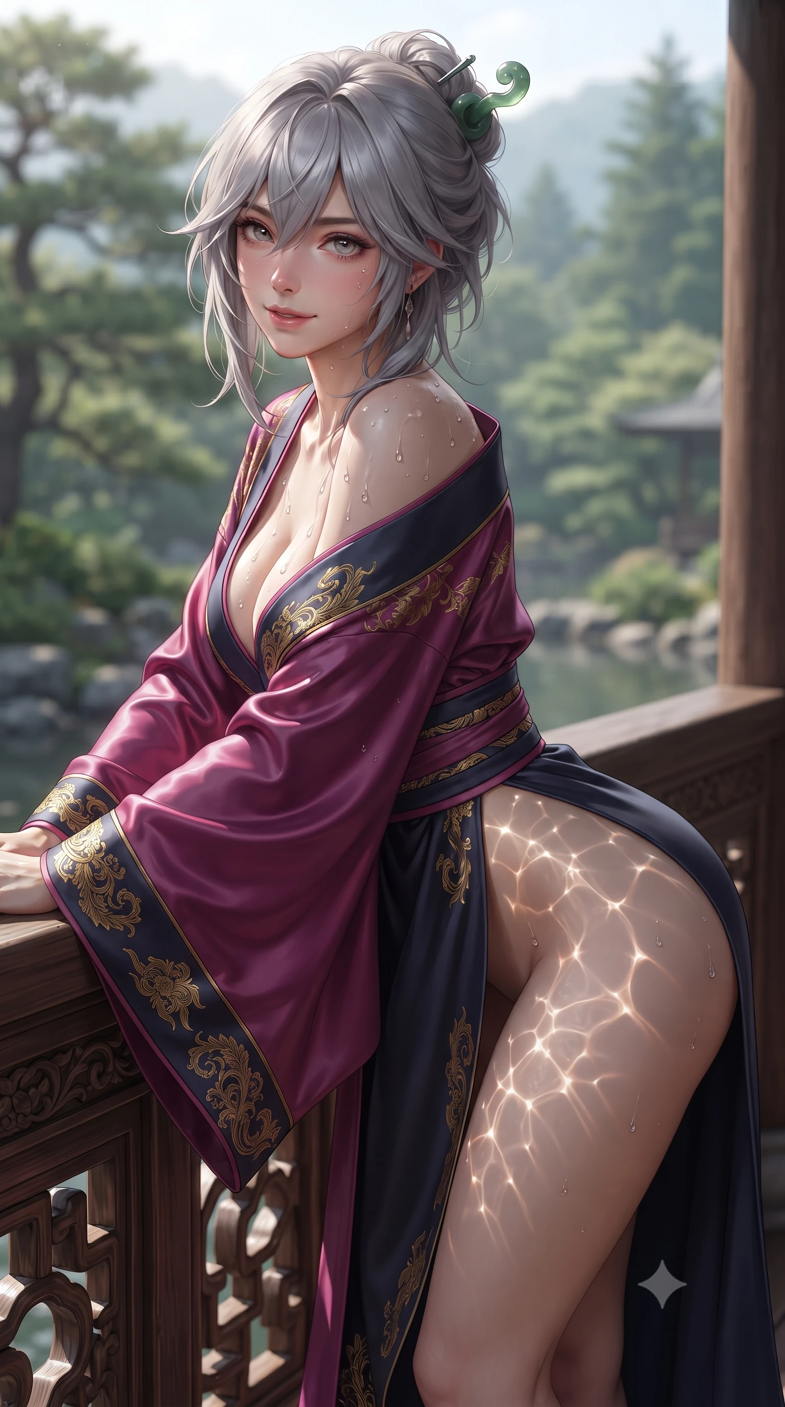 score_9, masterpiece, best quality, ultra-detailed, high-budget anime keyframe, editorial fashion photography, tasteful artistic composition, Japanese woman. close-up cowboy shot from the waist and thighs up, the character dominates the composition, filling the frame with her large presence. leaning forward over the carved veranda balustrade while arching her lower back to accentuate her curvy hips, looking into the camera with an enchanting coquettish smile and bedroom-eyes while twisting her slender torso in an alluring contrapposto stance, filtered sunbeams and water reflections dancing across her curvy hips and waist. The surrounding environment is rendered in vivid detail and crisp panoramic clarity: detailed linen and silk fabric weave, water droplet beads on skin, and pristine nature landscape in high resolution. She has an exceptionally elegant, slender, and willowy female figure with an ultra-slim waist, flat toned midriff, narrow ribcage, and sculpted feminine hips creating an alluring, slim hourglass silhouette without bulk. sharp v-shaped jawline, high-bridge nose, intricate jewel-like dark sparkling almond eyes with depth, thick lashes, glossy parted lips with a natural rose-plum sheen, bright alluring and coquettish smile with bedroom-eyes, exuding both timeless oriental elegance and sovereign high-fashion allure, flawlessly proportioned anatomical accuracy, strict slender model proportions, natural body alignment, perfectly sculpted long slender limbs, ultra-slim waistline, clean dynamic posture without body distortion. wearing a deep plunging-V modern kimono gown with wide flowing sleeves and a waist-cinching gold embroidered sash in deep lotus magenta and matte midnight navy, crafted from heavy fluid silk satin with a liquid mirror-like sheen, featuring a modern sculptural jade hair pin securing her loose silky updo, the high-waisted wrap tailoring accentuating her ultra-slim waistline and the enchanting curve of her feminine hips with alluring oriental charm. illuminated by sparkling stream water caustics and sharp platinum rim lights defining her sculpted collarbones, ultra-slim waist, and curvy hips. ultra-reflective glossy finish, specular highlights, rich textural contrasts, high-contrast stereoscopic depth, volumetric dynamic lighting, 2k, ultra detail, master piece, 9:16 ratio