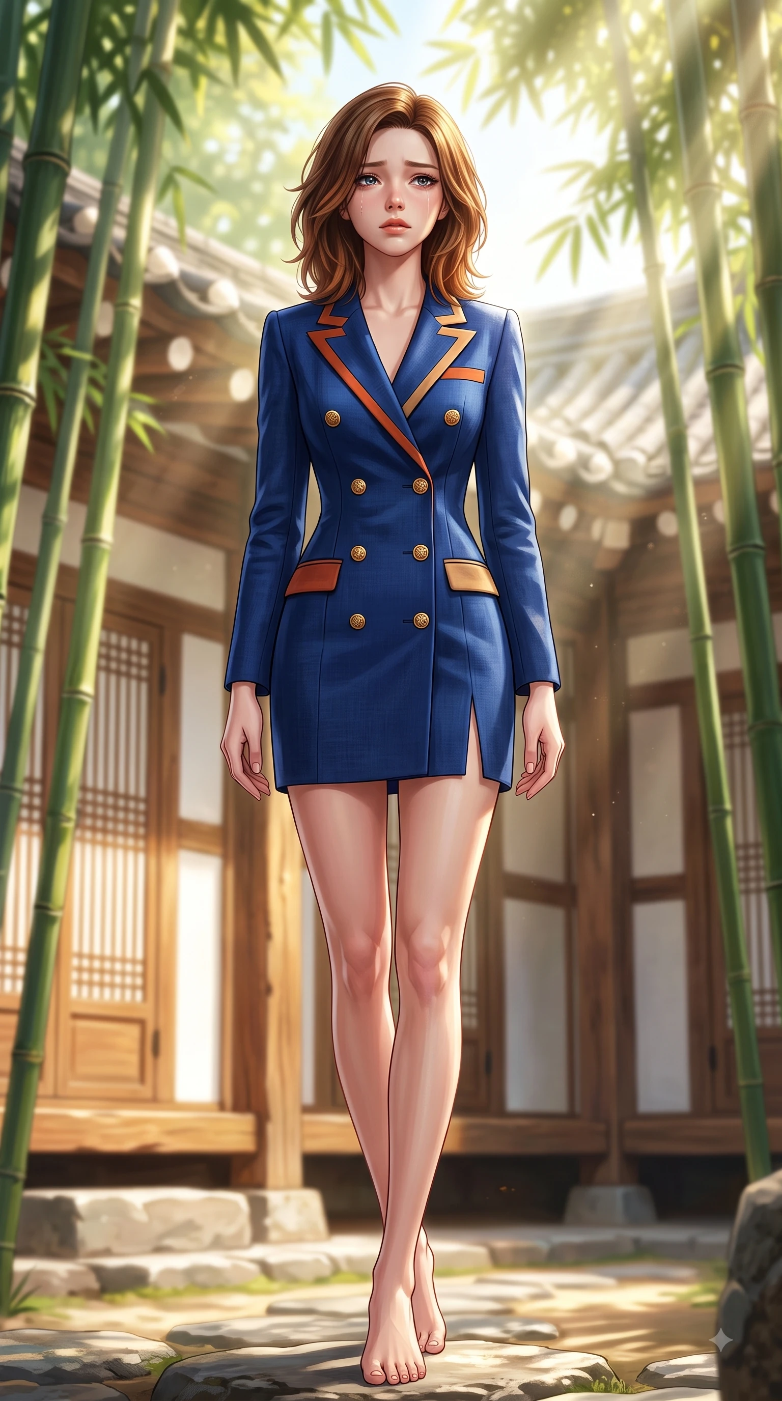 score_9, masterpiece, best quality, ultra-detailed, high-budget anime keyframe, editorial fashion photography, tasteful artistic composition, Korean woman. low angle full-body shot from head to toe showing her feet, filling the entire 9:16 vertical frame with her statuesque presence, stretching her vertical silhouette. Heart-tugging melancholic glance with a subtle drop of emotion in her eyes and a quiet wistful posture while stepping gracefully through a sunlit Hanok courtyard surrounded by tall green bamboo stalks. The composition keeps background elements in soft focus with dreamy bokeh. sun-drenched paper doors and wooden Hanok pillars softened by warm shallow focus. She has an absolutely perfect, statuesque 8.5-heads proportion, an exceptionally tall and slender model-like female figure with impossibly long slender legs and an ultra-slim waist. sharp v-shaped jawline, high-bridge nose, intricate jewel-like eyes with depth, thick eyelashes, glossy lips with a natural sheen, flawlessly proportioned anatomical accuracy, natural body alignment, perfectly sculpted elegant limbs, clean dynamic posture without body distortion. wearing a royal navy blue double-breasted blazer dress accented with gold crest buttons in burnt orange and warm camel beige, crafted from soft breathable Italian linen, finished with a sleek side slit ascending to mid-thigh, the form-contouring material accentuating her ultra-slim waist and long lines. bathed in bright morning sunbeams filtering through lush bamboo canopies. highly saturated vibrant anime colors, detailed shading with soft gradients, rich glossy textures, high-contrast stereoscopic depth, volumetric dynamic lighting, master piece, 9:16 ratio