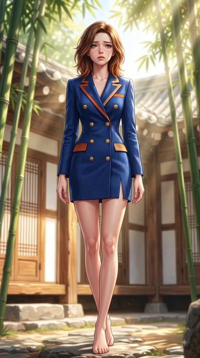 score_9, masterpiece, best quality, ultra-detailed, high-budget anime keyframe, editorial fashion photography, tasteful artistic composition, Korean woman. low angle full-body shot from head to toe showing her feet, filling the entire 9:16 vertical f