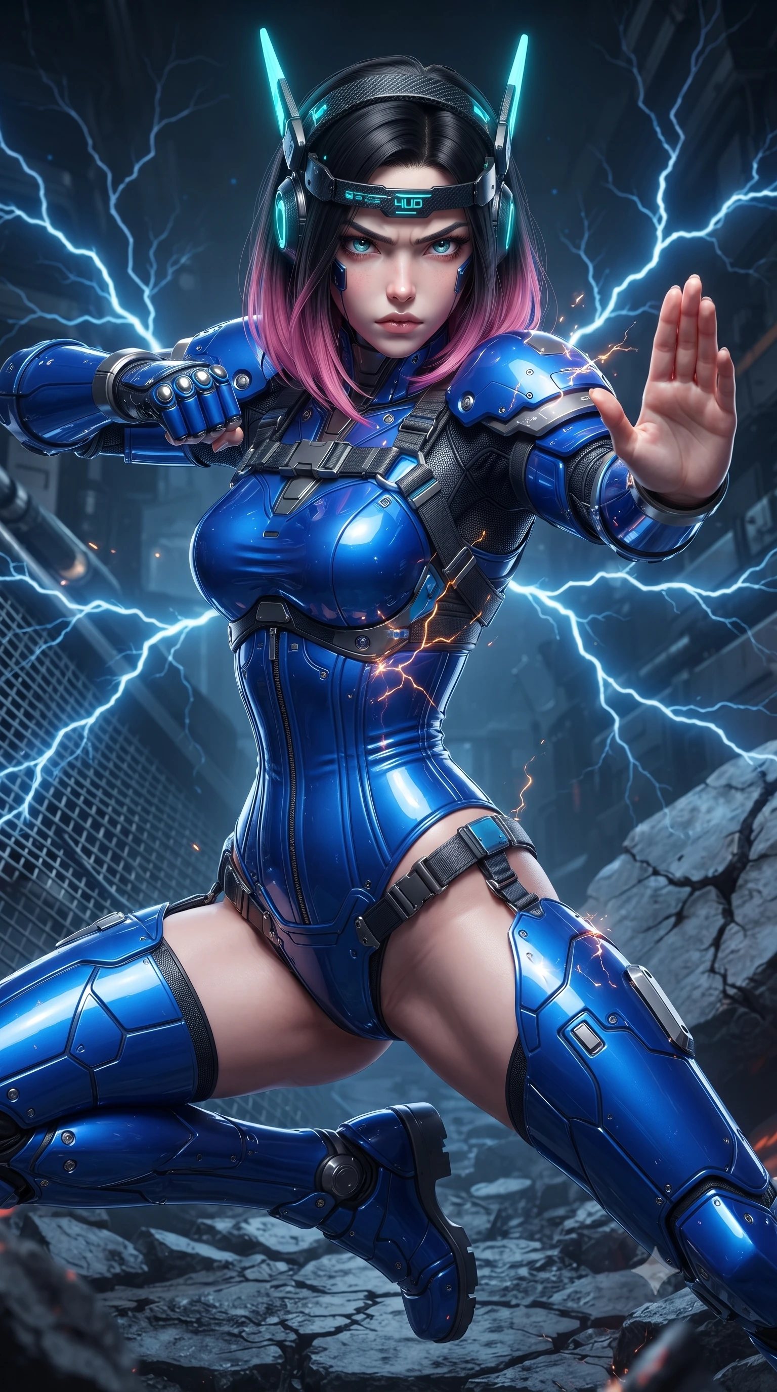 score_9, masterpiece, best quality, ultra-detailed, high-budget anime keyframe, editorial fashion photography, tasteful artistic composition, Korean woman. close-up cowboy shot from the waist and thighs up, the character dominates the composition, filling the frame with her large presence. twisting her upper body in a dynamic S-curve martial arts stance, cybernetic elbow dampers glowing with blue energy as she aims a focused palm strike while arching her spine in a fluid zero-gravity recovery leap with arms outstretched as electrical sparks dance across her armor. The surrounding environment is rendered in vivid detail and crisp panoramic clarity. sharp rebreather metallic mesh, glowing blue electrical discharge branches, and cracked crater rock in deep focus. She has an exceptionally elegant, slender, and willowy female figure with an ultra-slim waist, a gracefully sculpted slender torso, toned flat midriff, and a refined slim silhouette. sharp v-shaped jawline, high-bridge nose, intricate jewel-like eyes with depth, thick eyelashes, glossy lips with a natural sheen, fierce and resolute heroine expression, flawlessly proportioned anatomical accuracy, strict slender model proportions, natural body alignment, perfectly sculpted long slender limbs, ultra-slim waistline, clean dynamic posture without body distortion. wearing a lightweight carbon-fiber tactical sensory headpiece with glowing cyan ear-antennae and an ultra-thin forehead HUD brow-band, paired with a statuesque high-fashion cyber-warrior armor suit with platinum bevels, heavy articulated shoulder guards, and an ultra-slim waist-cinching corset in electric cobalt blue carbon with brushed platinum tactical trim, formed from high-gloss patent carbon-plating with specular dystopian chiaroscuro reflections, reinforced by a heavy-duty titanium tactical harness and glowing micro-energy status straps, the form-contouring material adhering flawlessly to her sculpted flat midriff and slender torso, emphasizing her long leg lines and perfectly proportioned willowy build. illuminated by crisp directional rim lights sharply defining her ultra-slim waist, long legs, and flat midriff. ultra-reflective glossy finish, specular highlights, dark metallic sheen, high-contrast stereoscopic depth, volumetric dynamic lighting, 2k, ultra detail, master piece, 9:16 ratio
