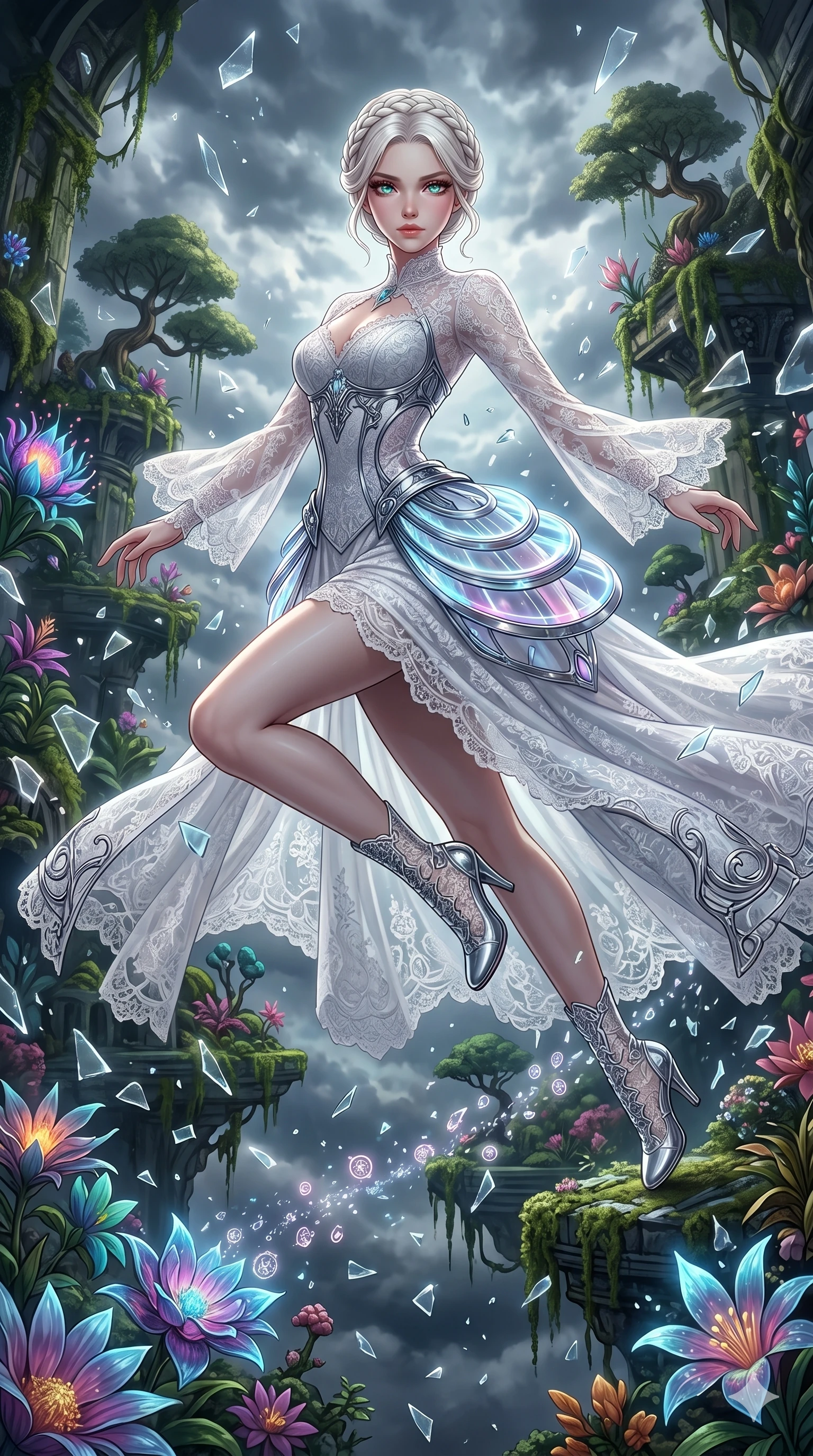score_9, masterpiece, best quality, ultra-detailed, Set A: High-budget Anime Keyframe, Japanese woman. Low angle cowboy shot filling the entire 9:16 frame with her statuesque presence. Leaping through a floating botanical garden, while her eyes glow with 110 different colors and surrounded by shattered glass fragments. She has an absolutely perfect 8-heads proportion, an exceptionally tall and slender female figure with impossibly long slender legs and an ultra-slim waist. Sharp v-shaped jawline, high-bridge nose, intricate jewel-like eyes with depth, thick eyelashes, glossy lips with a natural sheen. Wearing Victorian-style lace gown with a futuristic glowing bustle and chrome accents. Cinematic lighting, vibrant colors, dramatic shadows, 2k, ultra detail, master piece, 9:16 ratio