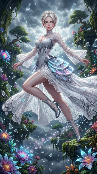 score_9, masterpiece, best quality, ultra-detailed, Set A: High-budget Anime Keyframe, Japanese woman. Low angle cowboy shot filling the entire 9:16 frame with her statuesque presence. Leaping through a floating botanical garden, while her eyes glow 
