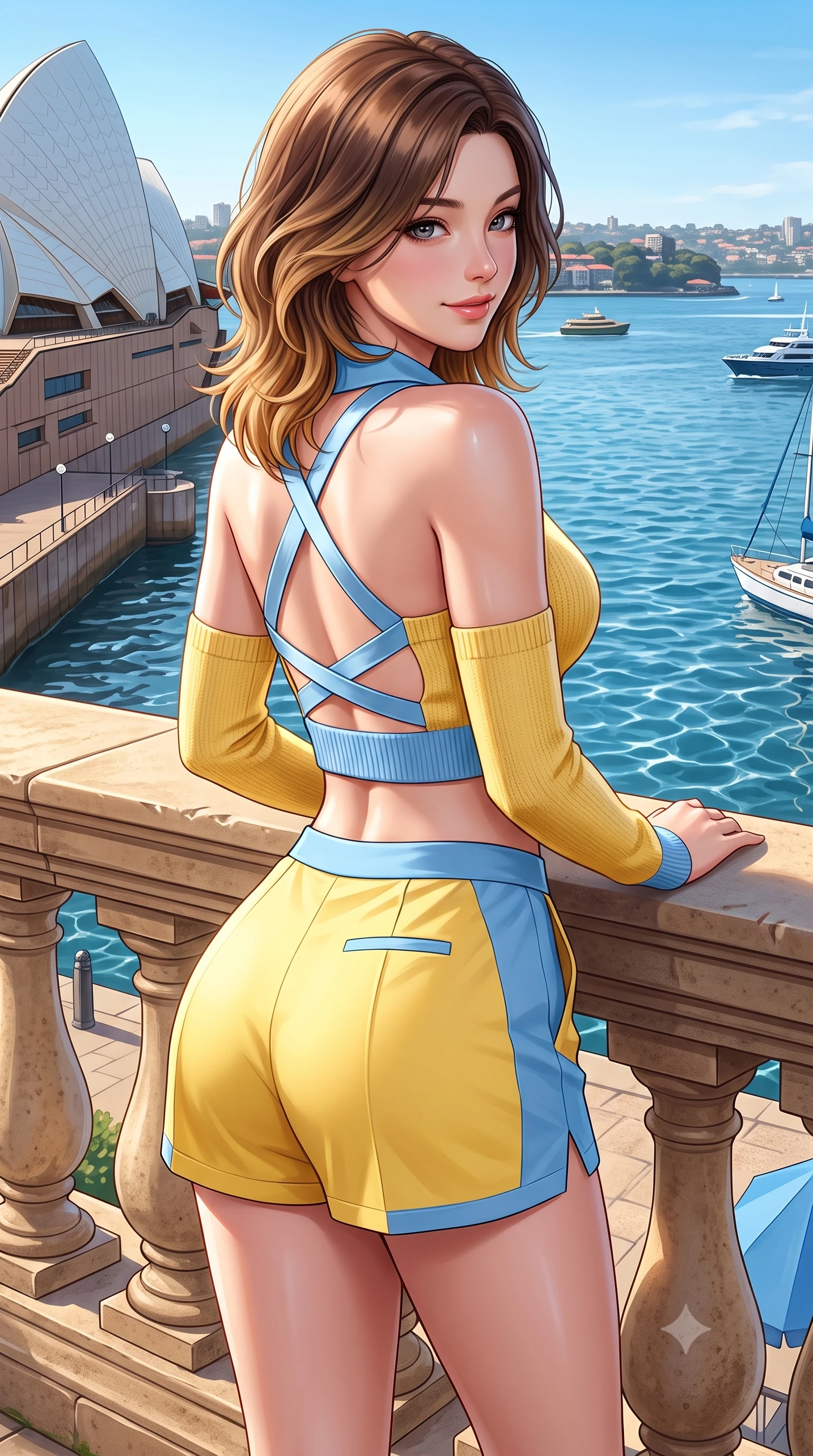 score_9, masterpiece, best quality, ultra-detailed, high-budget anime keyframe, semi-realistic 3D game render, editorial fashion photography, tasteful artistic composition, Korean woman. close-up cowboy shot from the waist and thighs up, the character dominates the composition, filling the frame with her large presence. posing in an alluring rear three-quarter angle, turning over a bare shoulder with an intoxicating cute smile, her hips cocked back to highlight her slim hourglass curve while leaning against a sandstone garden balustrade with hips cocked back, looking over her shoulder with playful, athletic bedroom-eyes. The surrounding environment is rendered in vivid detail and crisp panoramic clarity. sharp sandstone seawall textures, Opera House ceramic tile clarity, and harbour water ripple caustics in deep focus. She has an exceptionally elegant, slender, and willowy female figure with an ultra-slim waist, flat toned midriff, narrow ribcage, and sculpted feminine hips creating an alluring, slim hourglass silhouette without bulk. sharp v-shaped jawline, high-bridge nose, intricate jewel-like sparkling eyes with depth, thick eyelashes, glossy parted lips with a natural peach sheen, bright cheerful beaming smile with an enchanting and coquettish sensual glint, exuding both youthful cute charm and seductive allure, flawlessly proportioned anatomical accuracy, strict slender model proportions, natural body alignment, perfectly sculpted long slender limbs, ultra-slim waistline, clean dynamic posture without body distortion. wearing a cropped knitted polo sweater paired with high-cut tailored tennis shorts hugging her rounded hips in sunny daffodil yellow and clear sky blue, tailored from crisp cotton poplin with clean structural lines, finished with criss-cross back satin straps highlighting her graceful shoulder blades, the form-fitting cut adhering flawlessly to her sculpted flat midriff and slender torso, emphasizing her long leg lines and perfectly proportioned willowy build. illuminated by intense specular sea reflections sharply carving her razor-sharp jawline, narrow waist, and curvy hips. highly saturated vibrant anime colors, detailed shading with soft gradients, rich glossy textures, high-contrast stereoscopic depth, volumetric dynamic lighting, master piece, 9:16 ratio