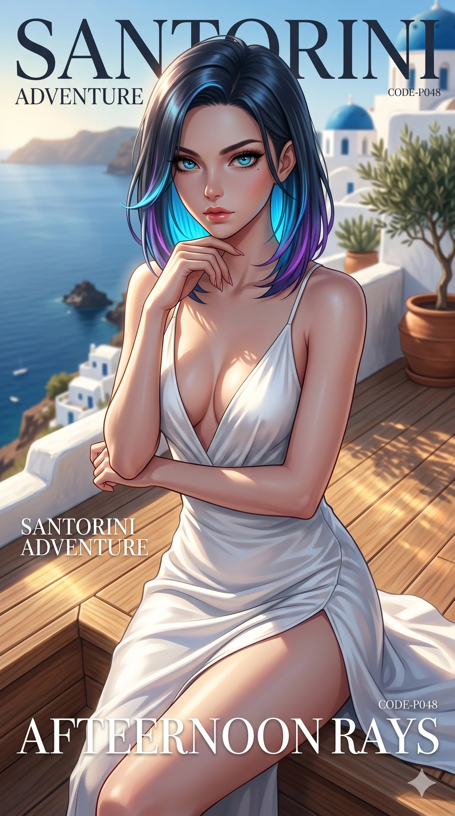 score_9, masterpiece, best quality, ultra-detailed, high-budget anime keyframe, editorial fashion photography, tasteful artistic composition, Caucasian woman, strictly human ears. cowboy shot from the thighs up, character and outfit filling the frame for maximum editorial presence. resting her chin on her fingers, looking directly into the lens with a piercing, mysterious gaze on a private teak sun-deck of a cliffside villa in Santorini, overlooking the calm Aegean sea (Code-P048). She has an absolutely perfect 8-heads proportion, an exceptionally tall and slender female figure with impossibly long slender legs and an ultra-slim waist. V-shaped jawline, high-bridge nose, intricate jewel-like eyes with depth, thick eyelashes, glossy lips with a natural sheen. wearing a pristine white silk slip dress with a plunging V-neckline and a high side slit to mid-thigh. drenched in brilliant afternoon sunshine, casting warm rays that trace the curves of her athletic figure. 2k, ultra detail, master piece, 9:16 ratio