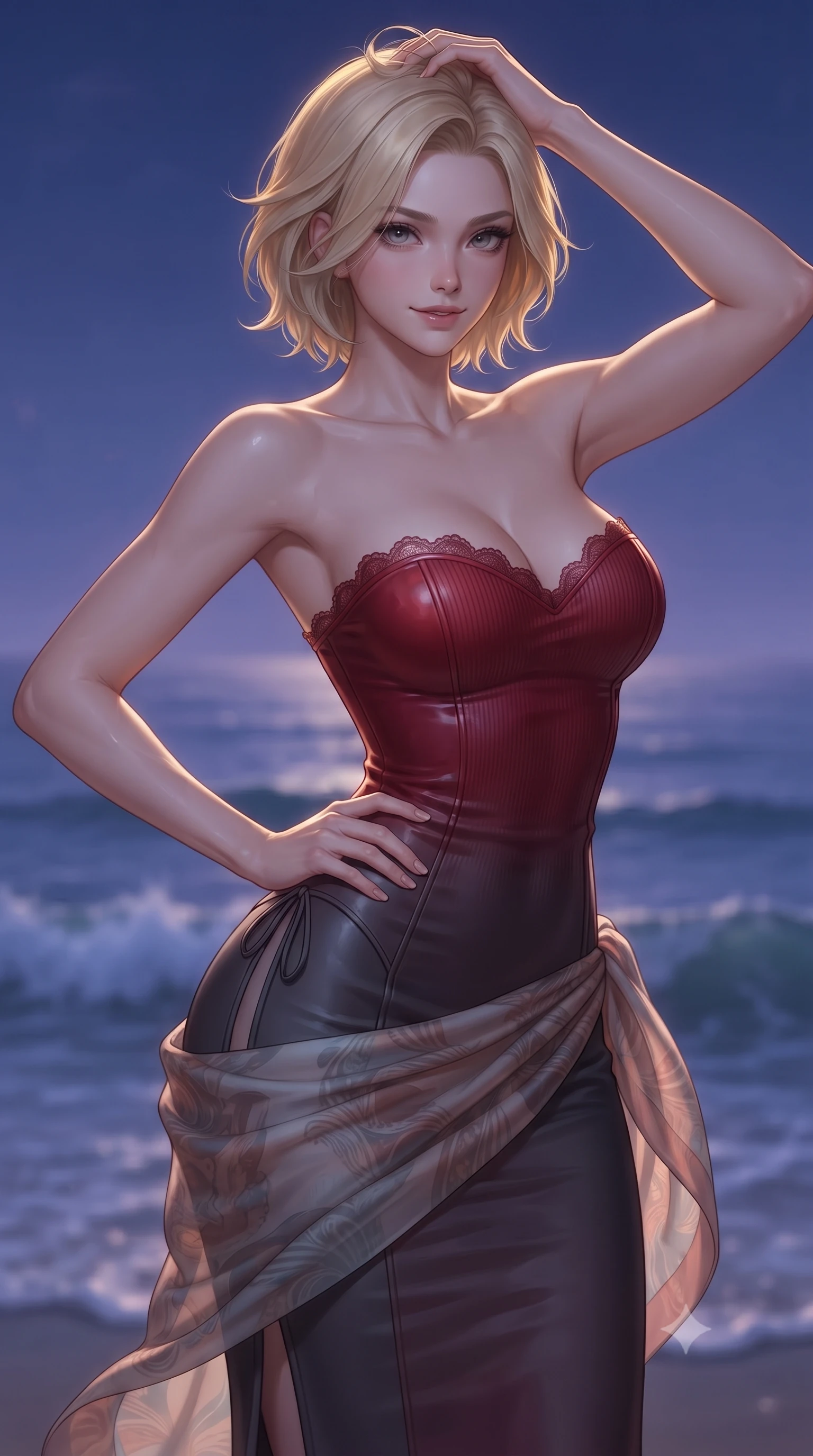 score_9, masterpiece, best quality, ultra-detailed, high-budget anime keyframe, editorial fashion photography, tasteful artistic composition, Caucasian woman. close-up cowboy shot from the waist and thighs up, the character dominates the composition, filling the frame with her large presence. twisting her slender torso in an alluring contrapposto stance, one hand resting on her sculpted hip while her fingers toy with her hair with effortless poise while twisting her slender torso in an alluring S-curve, warm Caribbean sea breezes fluttering her sheer beach wrap around her hourglass curves. The background shows a soft-focus gently lapping ocean waves softened in exclusive maritime nocturnal shallow focus. She has an exceptionally elegant, slender, and willowy female figure with an ultra-slim waist, flat toned midriff, narrow ribcage, and sculpted feminine hips creating an alluring, slim hourglass silhouette without bulk. sharp v-shaped jawline, high-bridge nose, sparkling eyes with hypnotic seductive depth, thick curled eyelashes, glossy parted lips with a natural dewy peach sheen, alluring bedroom-eyes with an enchanting coquettish smile, exuding magnetic siren charisma and sophisticated glamour, flawlessly proportioned anatomical accuracy, strict slender model proportions, natural body alignment, perfectly sculpted long slender limbs, ultra-slim waistline, clean dynamic posture without body distortion. wearing a form-contouring ribbed knit tube dress with subtle side-lace ties tracing the curve of her hips in rich cherry lacquer and smoky charcoal, woven from buttery-soft stretch lambskin leather adhering to her body like a second skin, finished with scalloped eyelash lace trim framing her sweetheart neckline with intimate elegance, the liquid-tight tailored fabric clinging flawlessly to her narrow waist and rounded feminine hips, emphasizing every millimeter of her sculpted slim hourglass curves without any bulky heaviness. illuminated by water surface specular bounce and sharp platinum-gold rim lights defining her delicate clavicles, ultra-slim waist, and curvy hips. ultra-reflective glossy finish, specular highlights, rich textural contrasts, high-contrast stereoscopic depth, volumetric dynamic lighting, 2k, ultra detail, master piece, 9:16 ratio