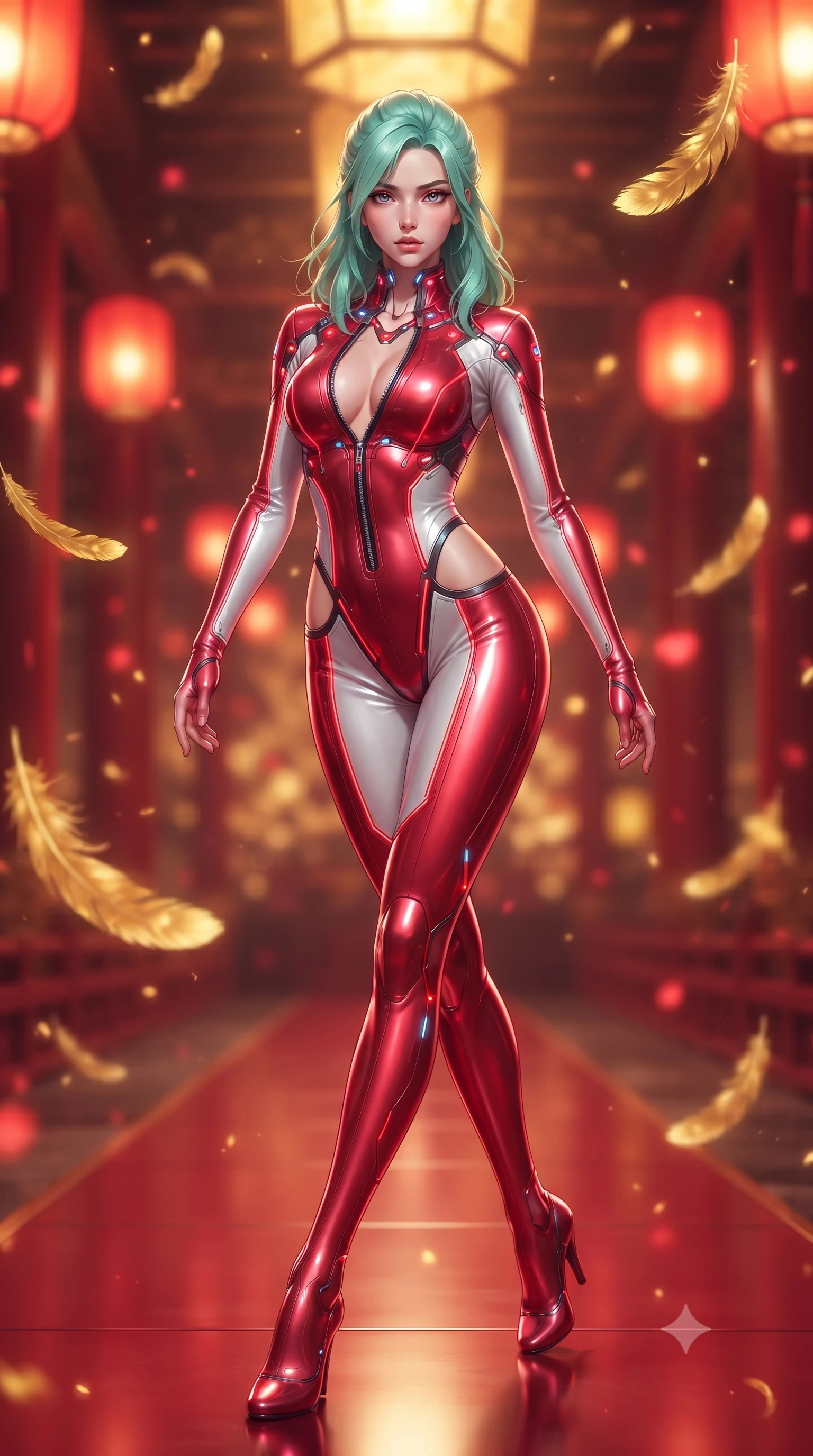 score_9, masterpiece, best quality, ultra-detailed, high-budget anime keyframe, editorial fashion photography, tasteful artistic composition, Japanese woman. low angle full-body shot from head to toe showing her feet, filling the entire 9:16 vertical frame with her statuesque presence, stretching her vertical silhouette. arching her back in a fluid zero-gravity turn with sovereign grace, her long slender legs and sculpted torso creating a sweeping line while striding with imperial majesty down a red lacquer runway inside a soaring golden palace as golden phoenix feathers float around her. The composition keeps background elements in soft focus with creamy bokeh. floating golden phoenix feathers and glowing red palace lanterns blurred into rich crimson and gold bokeh. She has an absolutely perfect, statuesque 8.5-heads proportion, an exceptionally tall and slender model-like female figure with impossibly long slender legs, a toned flat midriff, and an ultra-slim waist. sharp v-shaped jawline, high-bridge nose, intricate jewel-like eyes with depth, thick eyelashes, glossy lips with a natural sheen, flawlessly proportioned anatomical accuracy, strict slender model proportions, natural body alignment, perfectly sculpted long slender limbs, ultra-slim waistline, clean dynamic posture without body distortion. wearing a skin-tight cybernetic bodysuit with glowing neon seams, deep hip cutouts, and an aerodynamic athletic fit in radiant crimson silk and crisp snow white, made of liquid metal jersey that clings flawlessly to every contour of her build, featuring a dangerously unzipped neckline framed by glowing cybernetic accents, the glove-like aerodynamic second-skin fit tightly clinging to her ultra-slender waist and athletic curves without adding bulk, accentuating her razor-sharp statuesque lines and slim hourglass silhouette. bathed in warm golden lantern radiance and dramatic crimson ambient backlighting. ultra-reflective glossy finish, specular highlights, metallic sheen, high-contrast stereoscopic depth, volumetric dynamic lighting, 2k, ultra detail, master piece, 9:16 ratio