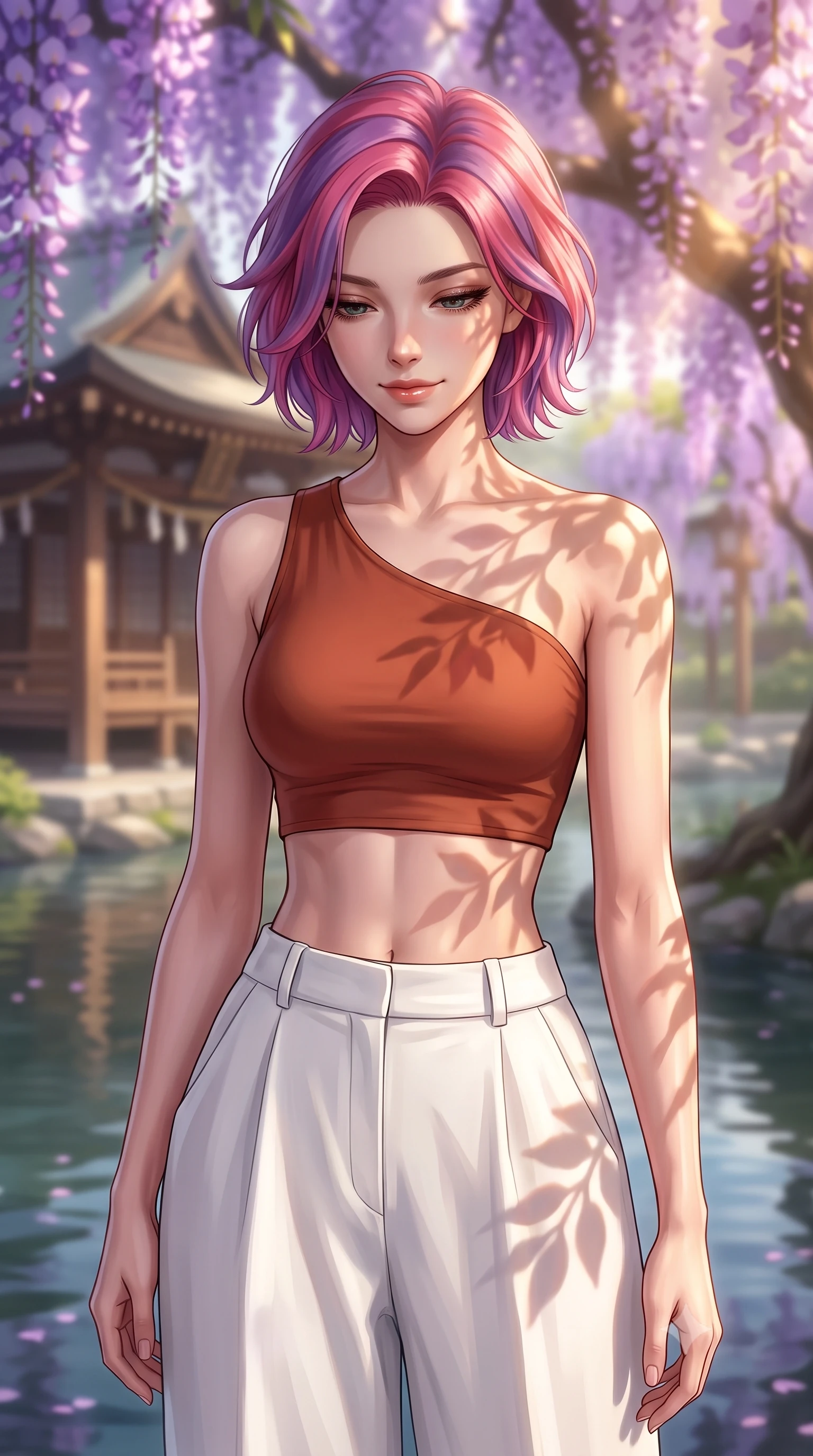 score_9, masterpiece, best quality, ultra-detailed, high-budget anime keyframe, editorial fashion photography, tasteful artistic composition, Caucasian woman, strictly human ears. close-up cowboy shot from the waist and thighs up, the character dominates the composition, filling the frame with her large presence, background elements kept in soft focus. Looking down with a gentle, thoughtful smile full of quiet warmth. set against a soft-focus background of in a traditional wooden shrine courtyard surrounded by giant wisteria trees with glowing purple flowers hanging over a calm, reflecting river. She has an exceptionally elegant, slender, and willowy female figure with a highly-defined ultra-slim waist, a gracefully sculpted slender torso, and a refined slim-fit silhouette that contours her form. sharp v-shaped jawline, high-bridge nose, intricate jewel-like eyes with depth, thick eyelashes, glossy lips with a natural sheen. wearing an asymmetric crop top in terracotta paired with high-waisted white wide-leg pants. warm golden afternoon sunbeams casting soft organic leaf shadows across her skin. 2k, ultra detail, master piece, 9:16 ratio