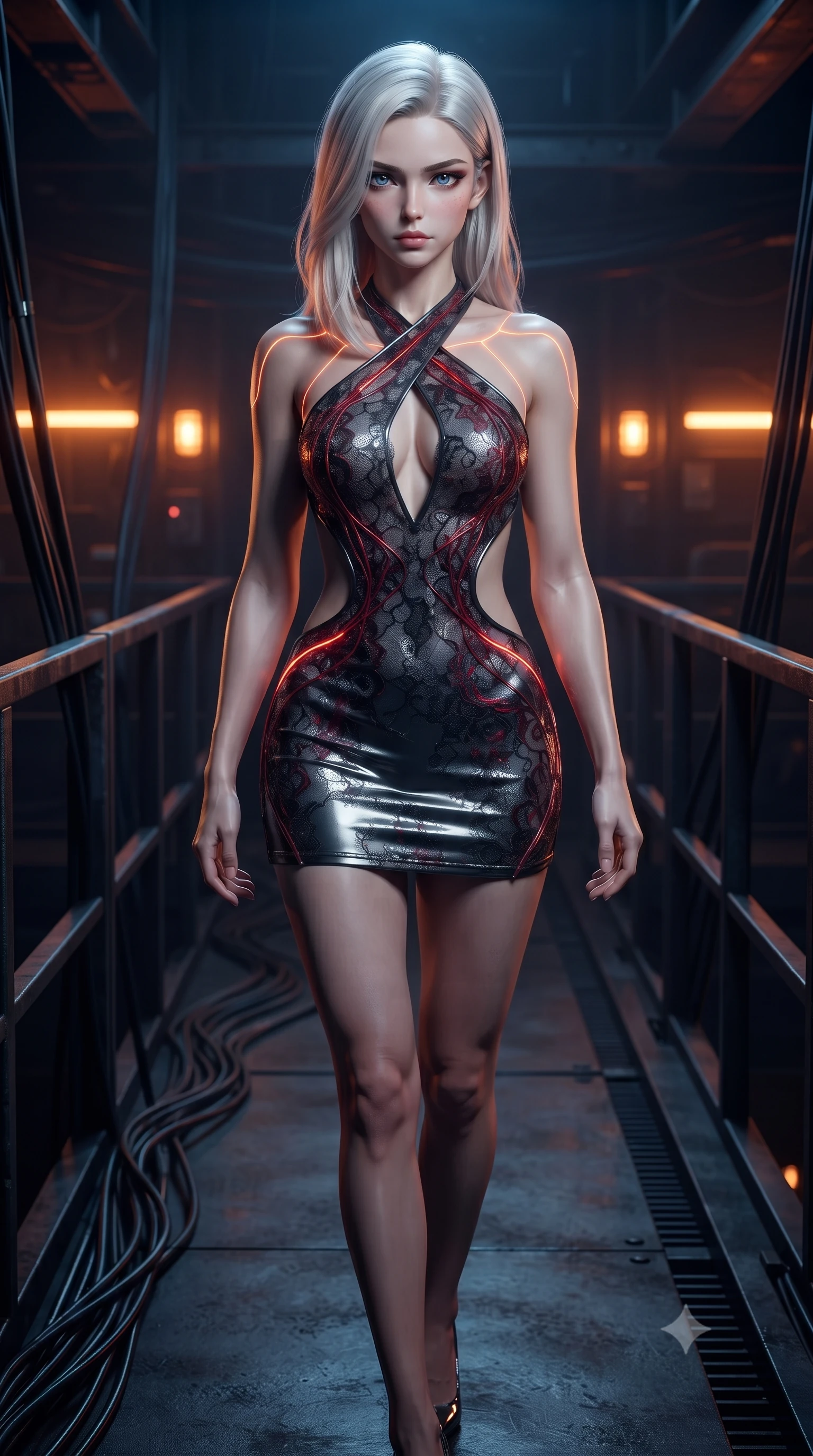 score_9, masterpiece, best quality, ultra-detailed, high-budget anime keyframe, editorial fashion photography, tasteful artistic composition, Caucasian woman. close-up cowboy shot from the waist and thighs up, the character dominates the composition, filling the frame with her large presence. gazing directly into the lens with bedroom eyes and a breathtaking, dangerous allure that commands the entire dark composition while stepping along a narrow steel catwalk with hips swaying with fierce, provocative authority. The surrounding environment is rendered in vivid detail and crisp panoramic clarity. sharp conduit wire bundles, metal catwalk railings, and pulsing beacon light borders in high resolution. She has an exceptionally elegant, slender, and willowy female figure with an ultra-slim waist, a gracefully sculpted slender torso, toned flat midriff, and a refined slim silhouette. sharp v-shaped jawline, high-bridge nose, intricate jewel-like eyes with depth, thick eyelashes, glossy lips with a natural sheen, flawlessly proportioned anatomical accuracy, strict slender model proportions, natural body alignment, perfectly sculpted long slender limbs, ultra-slim waistline, clean dynamic posture without body distortion. wearing a molten gunmetal liquid-metal mini dress featuring deep side-waist cutouts and a daring crossover halter neckline in smoky charcoal grey and glowing crimson filaments, crafted from delicate dark lace interwoven with luminescent micro-fibers, accented with glowing fiber-optic seams tracing her collarbones and hip curves in the gloom, the sleek second-skin cut tightly hugging her graceful clavicle, narrow waist, and feminine curves with athletic precision. bathed in high-contrast amber-orange hazard backlighting and cool shadow fill. ultra-reflective glossy finish, specular highlights, dark metallic sheen, deep chiaroscuro contrast, volumetric dynamic shadow lighting, 2k, ultra detail, master piece, 9:16 ratio