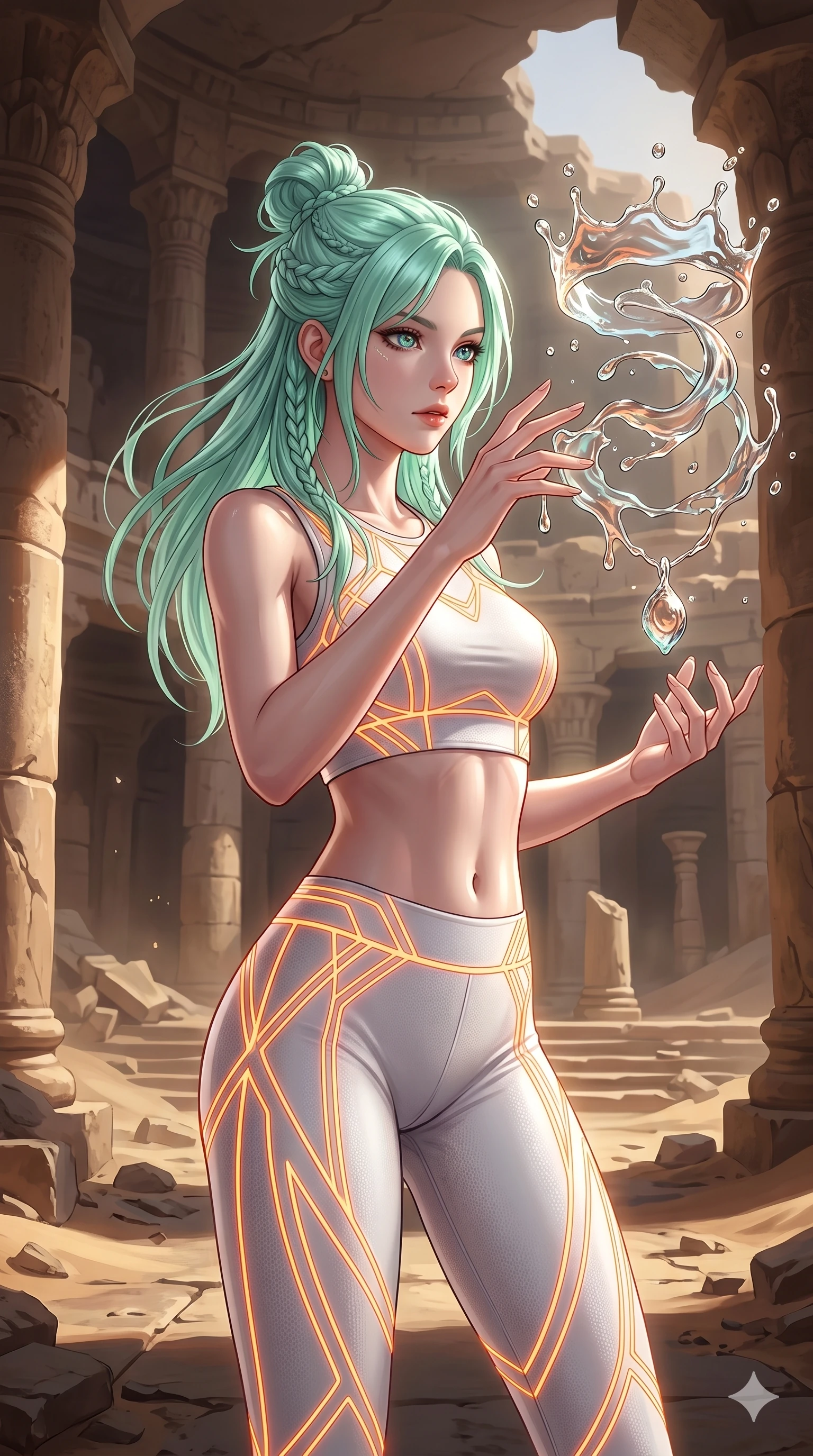 score_9, masterpiece, best quality, ultra-detailed, high-budget anime keyframe, Japanese woman. upper body close-up from the thighs up, character filling the screen for maximum presence. interacting with liquid stained-glass that melts and swirls in mid-air inside a crumbling desert ruin, the fluid jewelry floating in suspension. She has an absolutely perfect 8-heads proportion, an exceptionally tall and slender female figure with impossibly long slender legs and an ultra-slim waist. V-shaped jawline, high-bridge nose, intricate jewel-like eyes with depth, thick eyelashes, glossy lips with a natural sheen.. wearing a neon filament athleisure set, featuring a tight white crop top and matching leggings woven with glowing orange neon filaments, highlighting her slender body contour. lit by a soft glowing ambient light and a sharp side key light that traces the sleek contours of her athletic build. 2k, ultra detail, master piece, 9:16 ratio