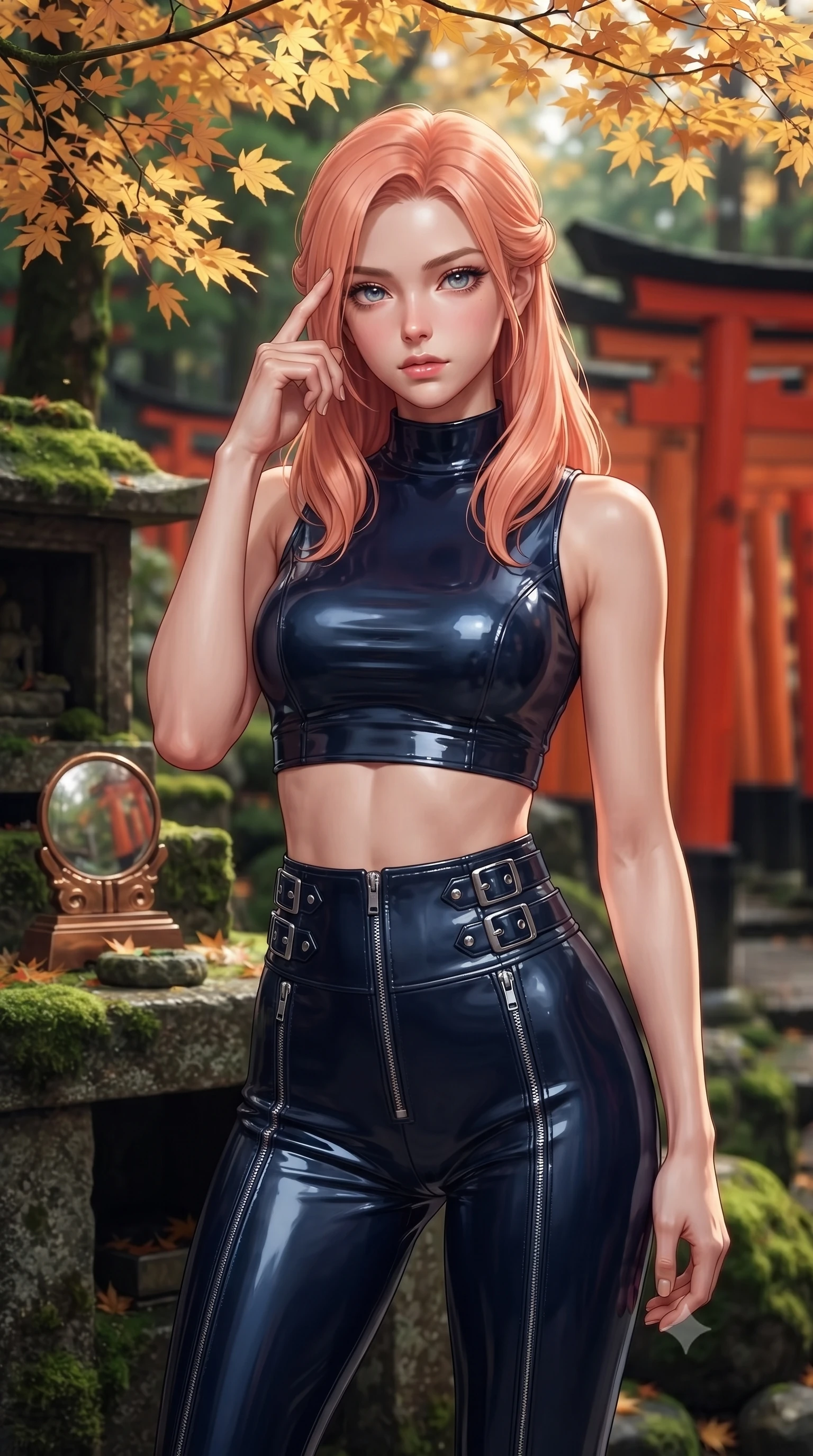 score_9, masterpiece, best quality, ultra-detailed, high-budget anime keyframe, editorial fashion photography, tasteful artistic composition, Japanese woman. close-up cowboy shot from the waist and thighs up, the character dominates the composition, filling the frame with her large presence, background elements kept in soft focus. Pressing two fingers to her temple in a composed thoughtful gesture with an air of magnetic charisma resting near a sacred mirror altar under a canopy of golden autumn maple leaves, vivid red vermilion torii gates contrasting with deep green moss stone. She has an exceptionally elegant, slender, and willowy female figure with an ultra-slim waist, a gracefully sculpted slender torso, and a refined silhouette. sharp v-shaped jawline, high-bridge nose, intricate jewel-like eyes with depth, thick eyelashes, glossy lips with a natural sheen. wearing a glossy vinyl crop top and high-waist tailored leggings with sleek zippers in midnight navy blue and chrome trim, formed from sleek second-skin neoprene, detailed with polished silver buckles along the waistline, the sleek second-skin texture accentuating her magnetic presence. surrounded by a tranquil, spiritual aura with rich red and green contrast. ultra-reflective glossy finish, specular highlights, metallic sheen, high-contrast stereoscopic depth, volumetric dynamic lighting, 2k, ultra detail, master piece, 9:16 ratio