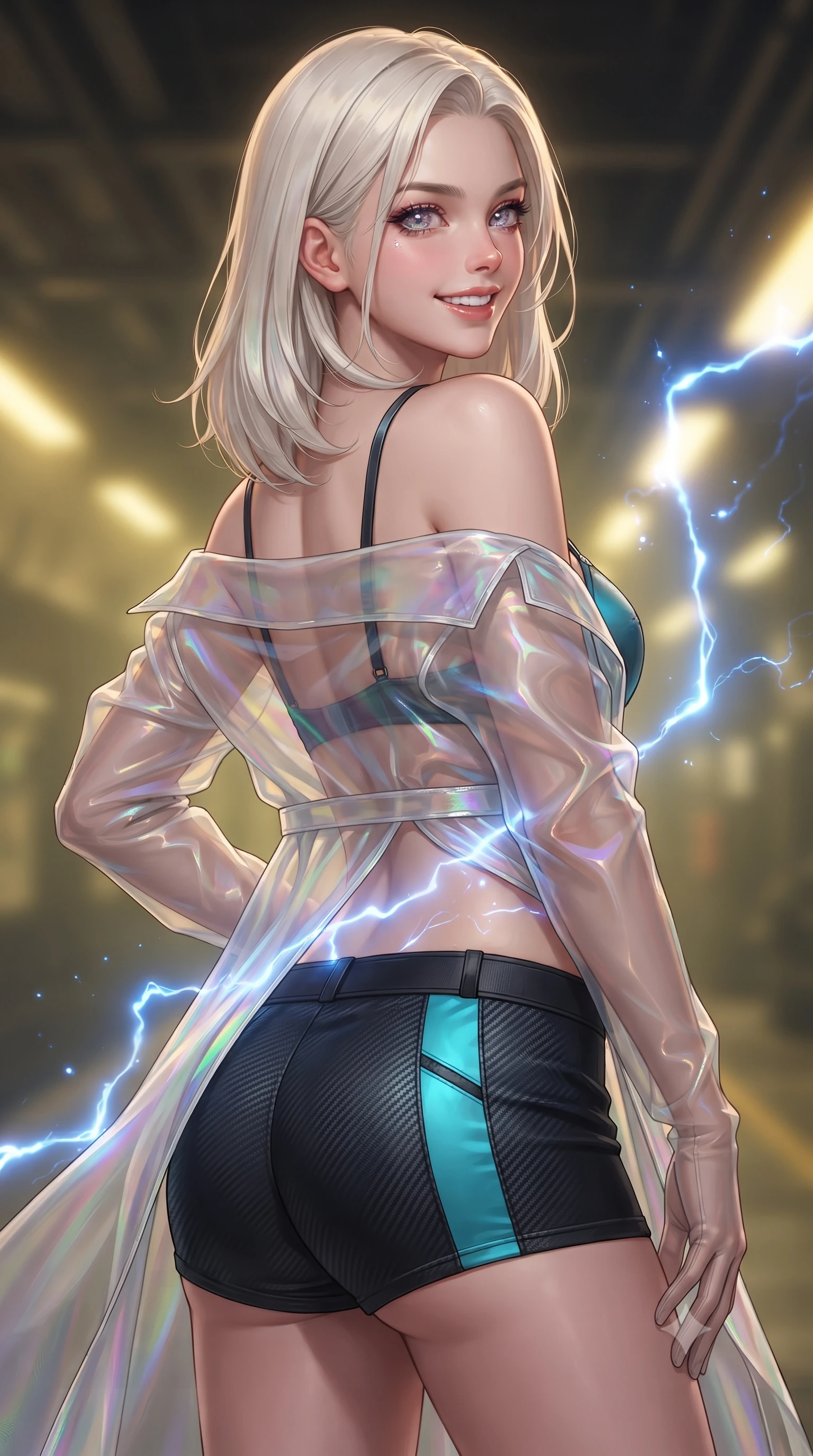 score_9, masterpiece, best quality, ultra-detailed, high-budget anime keyframe, editorial fashion photography, tasteful artistic composition, Caucasian woman. close-up cowboy shot from the waist and thighs up, the character dominates the composition, filling the frame with her large presence. posing in an alluring rear three-quarter angle, looking over a bare shoulder with parted glossy lips, her hips cocked back to highlight her slim hourglass curve while twisting her slender torso in an alluring S-curve, high-voltage electric blue arcs reflecting dynamically across her flat midriff and hips. The background shows a soft-focus industrial ozone haze softened in subterranean transit hub shallow focus. She has an exceptionally elegant, slender, and willowy female figure with an ultra-slim waist, flat toned midriff, narrow ribcage, and sculpted feminine hips creating an alluring, slim hourglass silhouette without bulk. sharp v-shaped jawline, high-bridge nose, intricate jewel-like sparkling eyes with depth, thick eyelashes, glossy parted lips with a natural peach sheen, bright cheerful beaming smile with an enchanting and coquettish sensual glint, exuding both youthful cute charm and seductive allure, flawlessly proportioned anatomical accuracy, strict slender model proportions, natural body alignment, perfectly sculpted long slender limbs, ultra-slim waistline, clean dynamic posture without body distortion. wearing a translucent iridescent organza tactical robe slipping off bare shoulders over a matching satin micro-bralette and combat shorts in tactical obsidian black and high-voltage cyan, woven from structured carbon-fiber jacquard with rich textural depth, complemented by sheer opera-length evening gloves tracing her slender arms, the bespoke structured tailoring following the natural line of her 8.5-heads silhouette with refined elegance. bathed in high-contrast industrial sodium-vapor yellow lighting punctuated by bright blue electrical spark flashes. ultra-reflective glossy finish, specular highlights, rich textural contrasts, high-contrast stereoscopic depth, volumetric dynamic lighting, 2k, ultra detail, master piece, 9:16 ratio