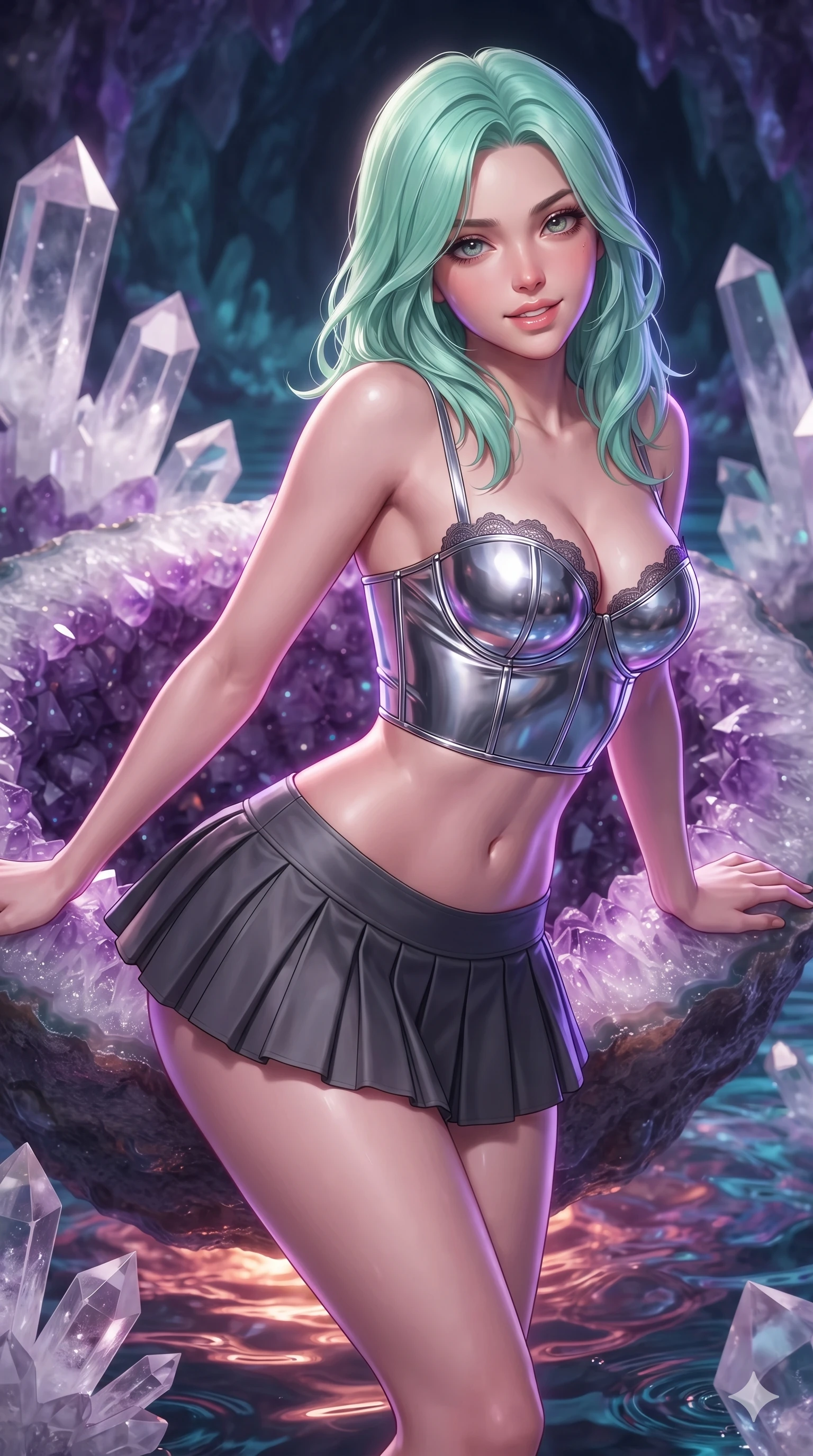 score_9, masterpiece, best quality, ultra-detailed, high-budget anime keyframe, semi-realistic 3D game render, editorial fashion photography, tasteful artistic composition, Japanese woman. close-up cowboy shot from the waist and thighs up, the character dominates the composition, filling the frame with her large presence. leaning forward while arching her lower back to accentuate her curvy hips, looking into the camera with an intoxicating smoldering gaze and bedroom-eyes while leaning against the giant amethyst geode rim with hips cocked back, watching phosphorescent mineral ripples swirl with smoldering bedroom-eyes. The surrounding environment is rendered in vivid detail and crisp panoramic clarity: sharp geometric quartz crystal termination faces, sparkling geode crust textures, and clear water ripples in deep focus. She has an exceptionally elegant, slender, and willowy female figure with an ultra-slim waist, flat toned midriff, narrow ribcage, and sculpted feminine hips creating an alluring, slim hourglass silhouette without bulk. sharp v-shaped jawline, high-bridge nose, intricate jewel-like sparkling eyes with depth, thick eyelashes, glossy parted lips with a natural peach sheen, bright cheerful beaming smile with an enchanting and coquettish sensual glint, exuding both youthful cute charm and seductive allure, flawlessly proportioned anatomical accuracy, strict slender model proportions, natural body alignment, perfectly sculpted long slender limbs, ultra-slim waistline, clean dynamic posture without body distortion. wearing a chrome-plated structured underwire bustier top paired with an ultra-short low-rise pleated micro mini skirt in charcoal grey and polished chrome, made of fluid liquid jersey with seamless sculpting hold and smooth contours, finished with scalloped eyelash lace trim framing her sweetheart neckline with intimate elegance, the bespoke structured tailoring following the natural line of her 8.5-heads silhouette with refined elegance. illuminated by pool surface reflection bounce and sharp neon-violet rim lights sculpting her jawline, narrow waist, and curvy hips. highly saturated vibrant anime colors, detailed shading with soft gradients, rich glossy textures, high-contrast stereoscopic depth, volumetric dynamic lighting, master piece, 9:16 ratio