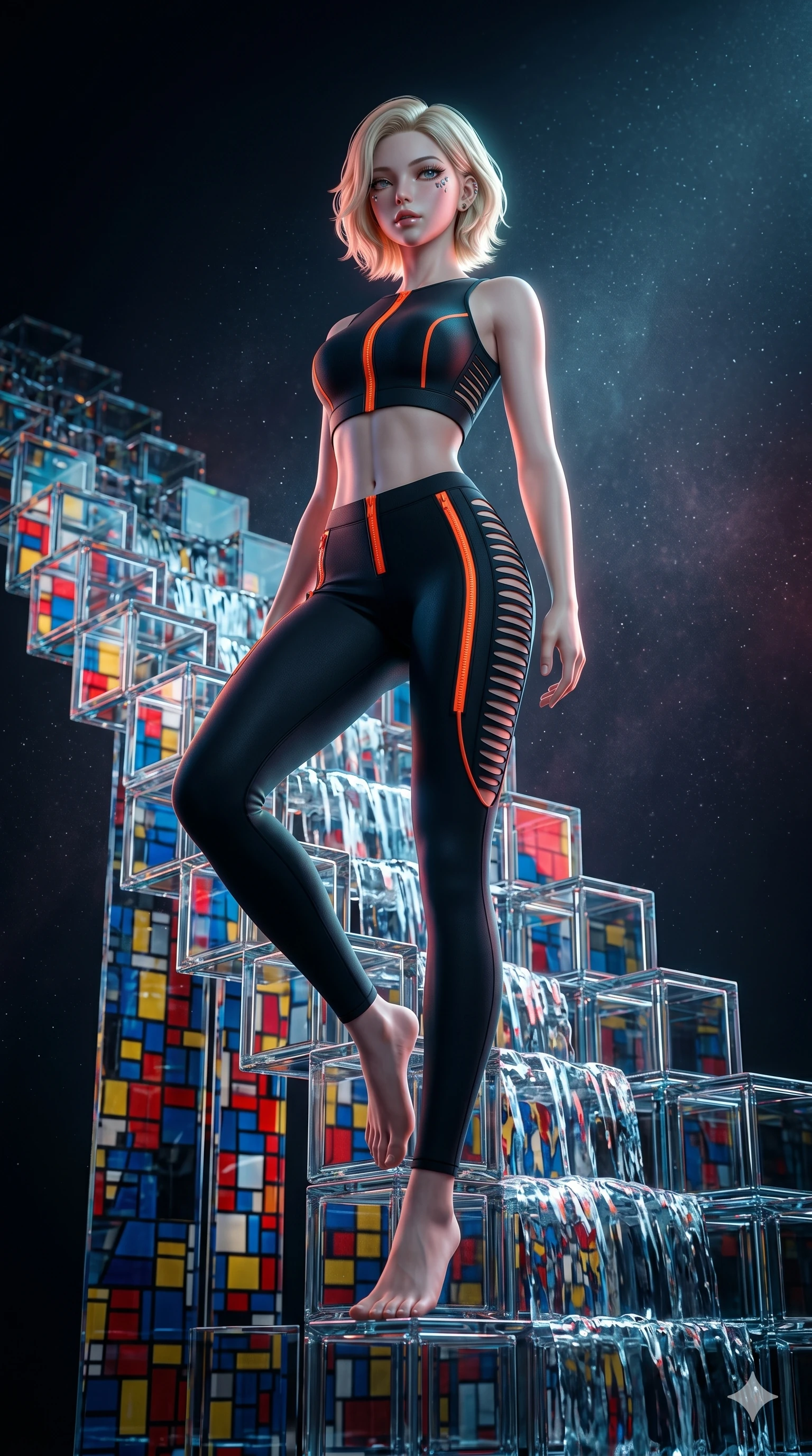 score_9, masterpiece, best quality, ultra-detailed, high-budget anime keyframe, Korean woman. low angle full-body shot filling the entire 9:16 frame with her statuesque presence, stretching the vertical silhouette. balancing on cubist glass blocks that cascade like a waterfall, reflecting complex mosaic patterns and primary colors. She has an absolutely perfect 8-heads proportion, an exceptionally tall and slender female figure with impossibly long slender legs and an ultra-slim waist. V-shaped jawline, high-bridge nose, intricate jewel-like eyes with depth, thick eyelashes, glossy lips with a natural sheen.. wearing a second-skin neoprene cyber-athleisure set, featuring a tight crop top and leggings with fluorescent orange zipper accents and side slash panels. illuminated by dramatic chiaroscuro casting soft shadows along her curves, with vibrant backlighting highlighting the dust particles. 2k, ultra detail, master piece, 9:16 ratio