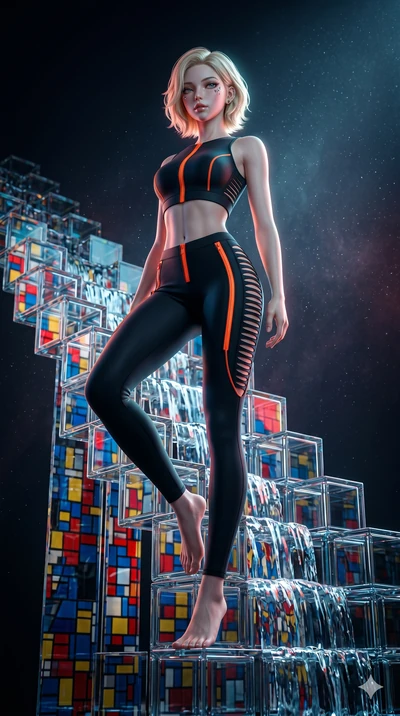 score_9, masterpiece, best quality, ultra-detailed, high-budget anime keyframe, Korean woman. low angle full-body shot filling the entire 9:16 frame with her statuesque presence, stretching the vertical silhouette. balancing on cubist glass blocks th